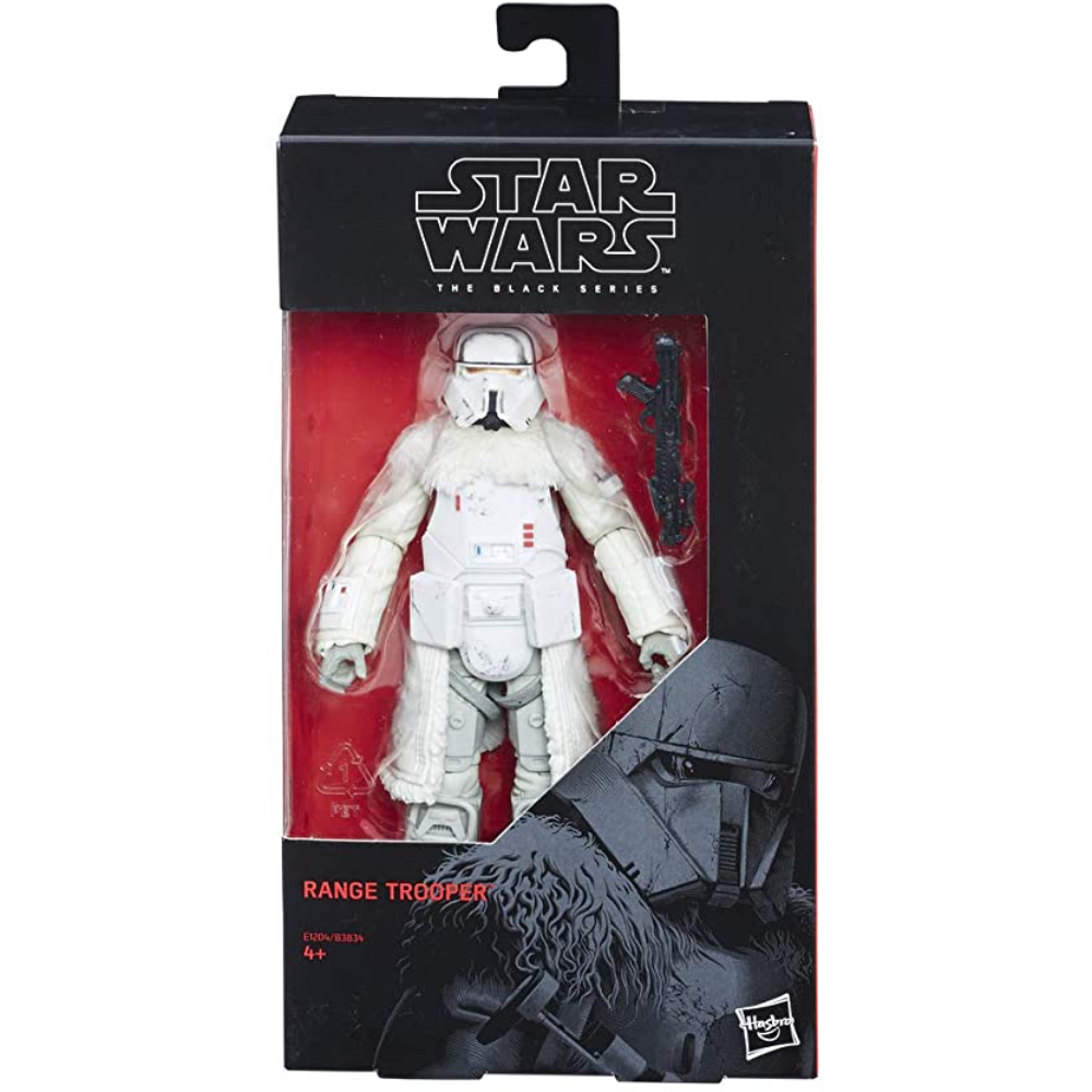 Figura de acción de Range Trooper, atuendo blanco, fondo negro, embalaje de Star Wars.