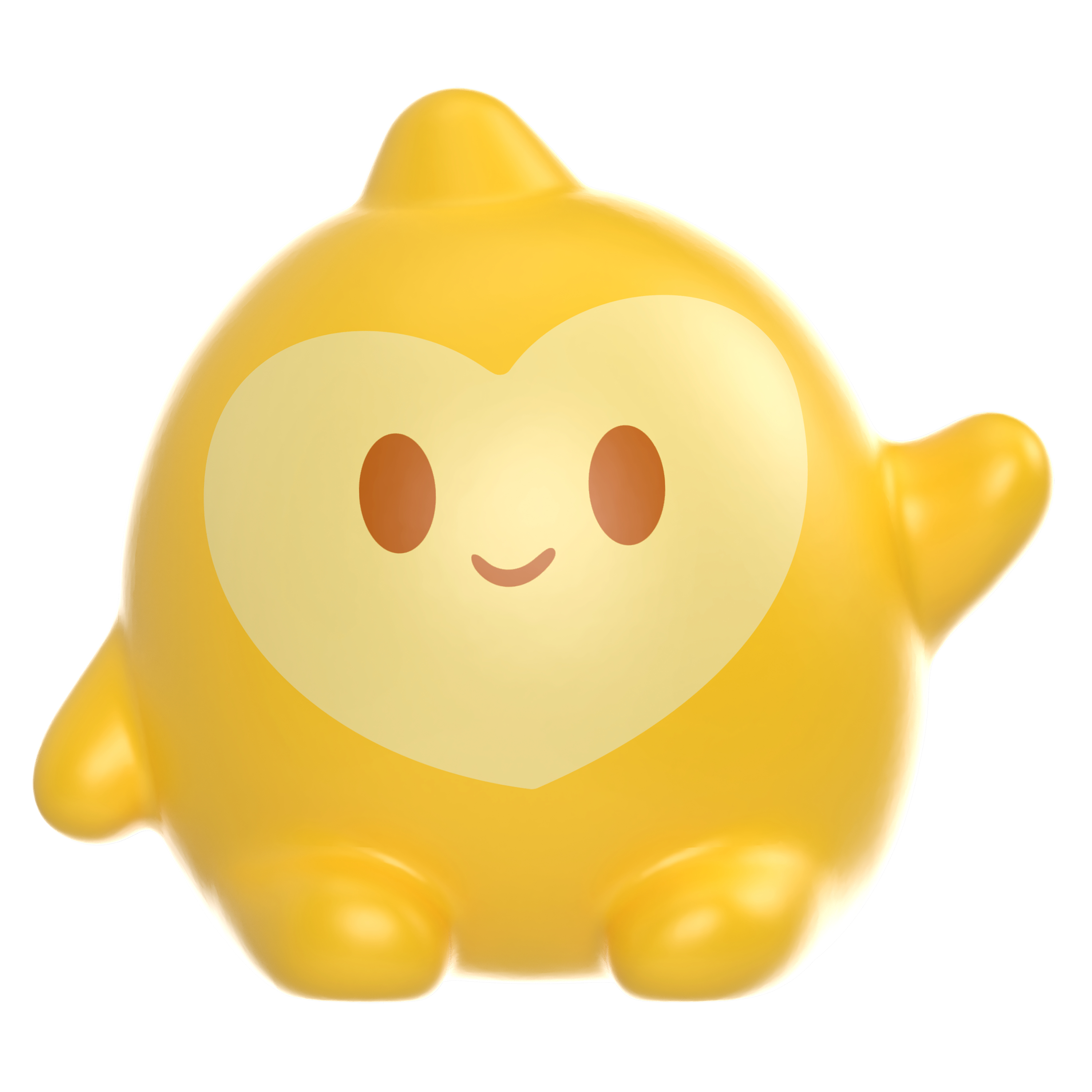 Żółta, zaokrąglona zabawka z twarzą i ramionami w kształcie serca, uśmiechnięta. Białe tło.