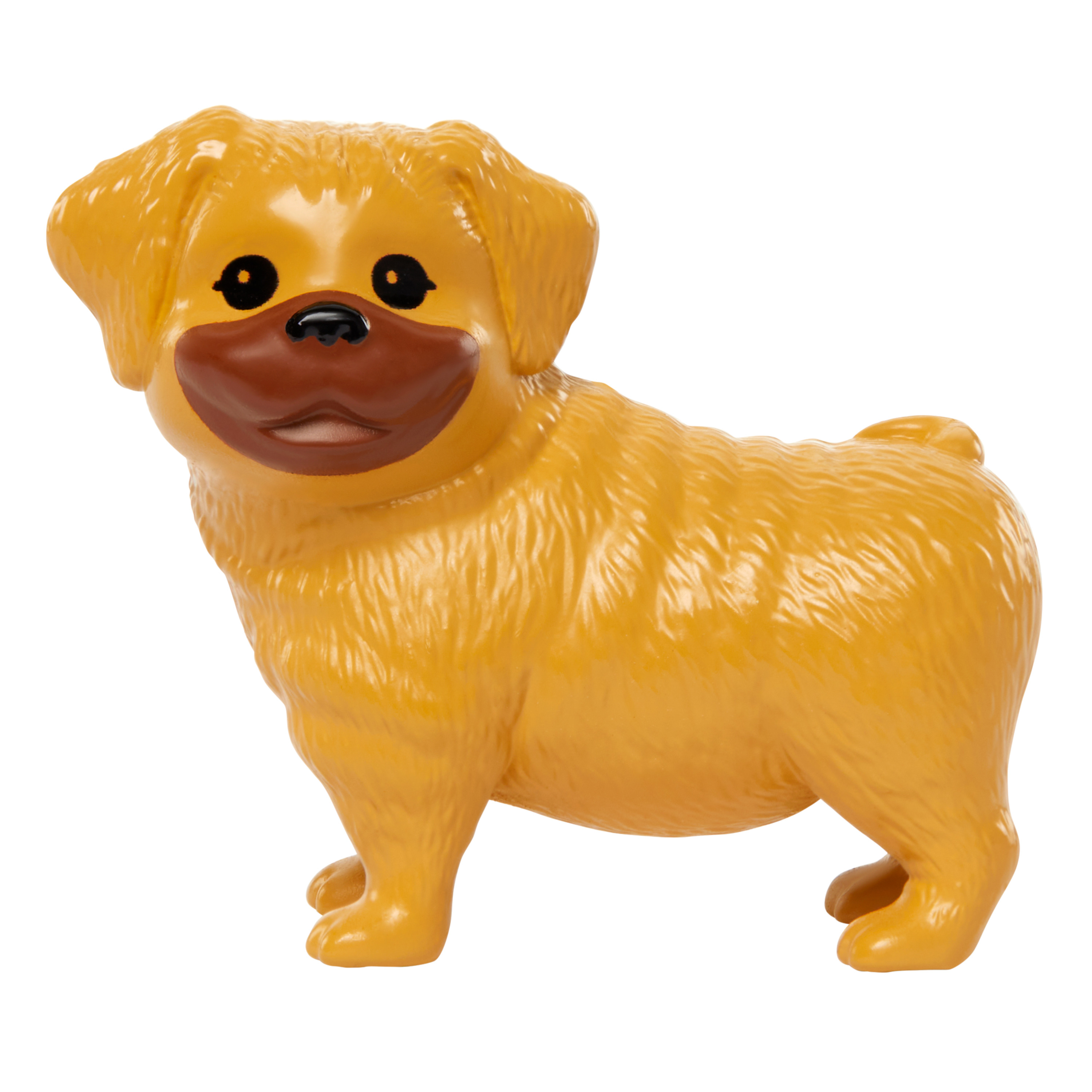 Ein gelbes Hundespielzeug mit brauner Nase, lächelnd, auf weißem Hintergrund.
