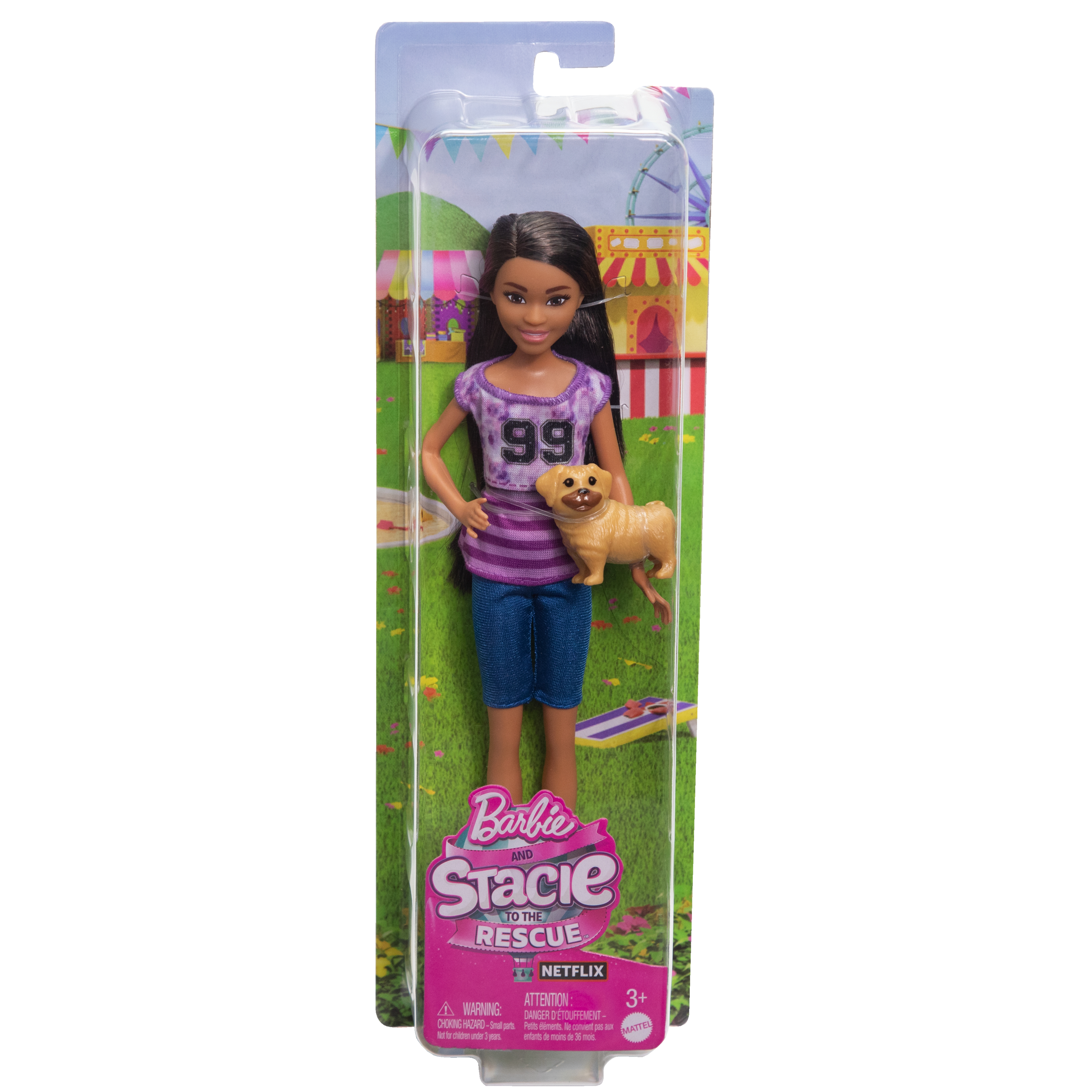 Barbie- und Stacie-Puppenset in Verpackung. Barbie-Puppe mit einem Hund.