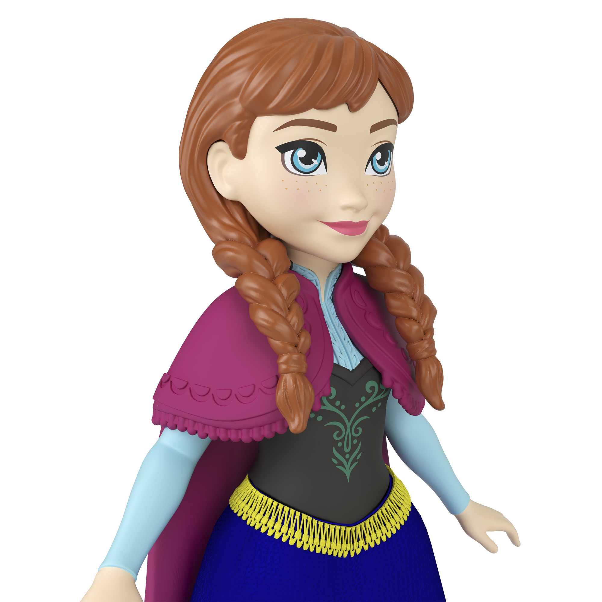 Eine Puppe von Anna aus Frozen. Sie hat rote Zöpfe, einen lila Umhang und ein blaues Kleid.