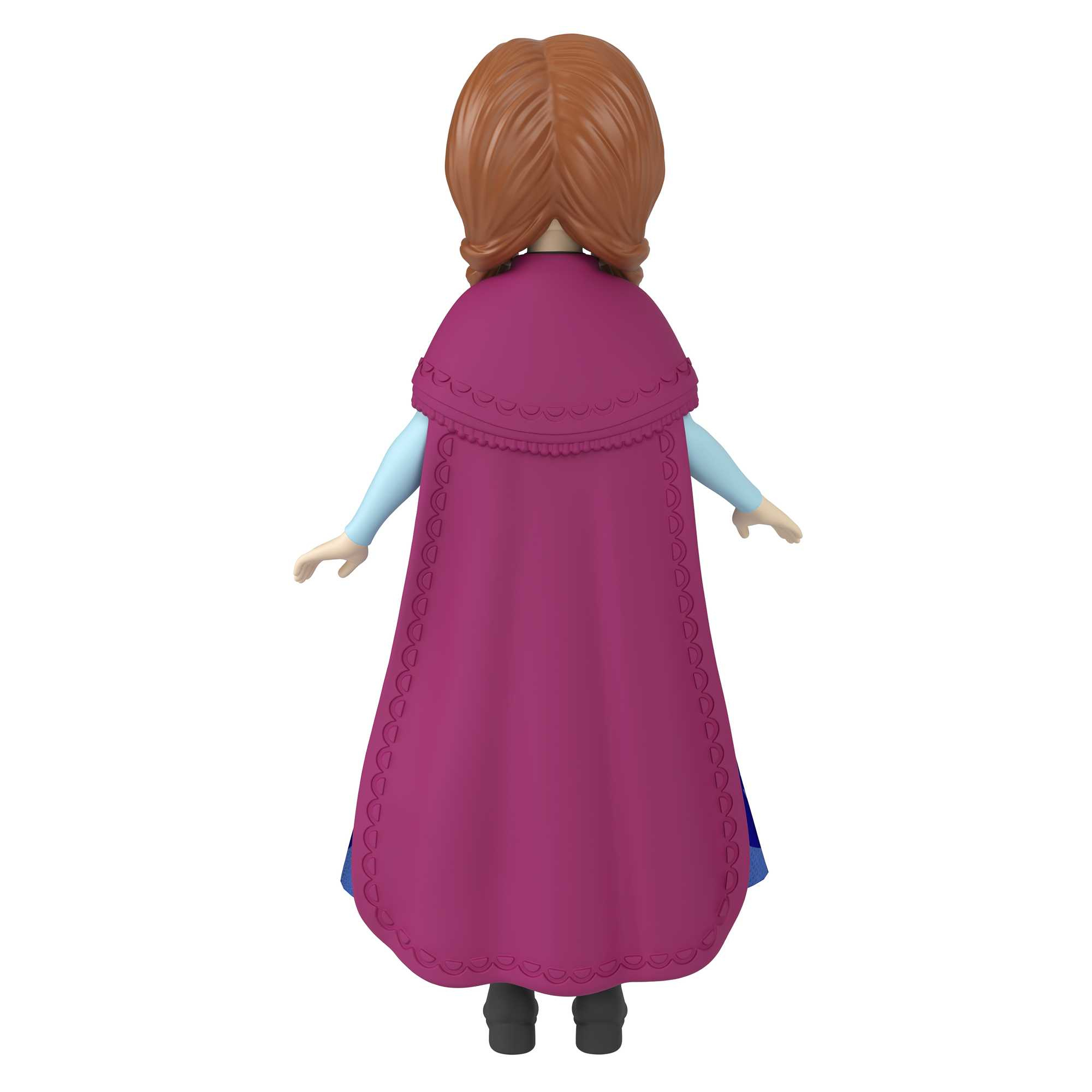 Eine Puppe von hinten, mit einem lila Umhang und einem blauen Kleid. Der Hintergrund ist ein weißes Studio.