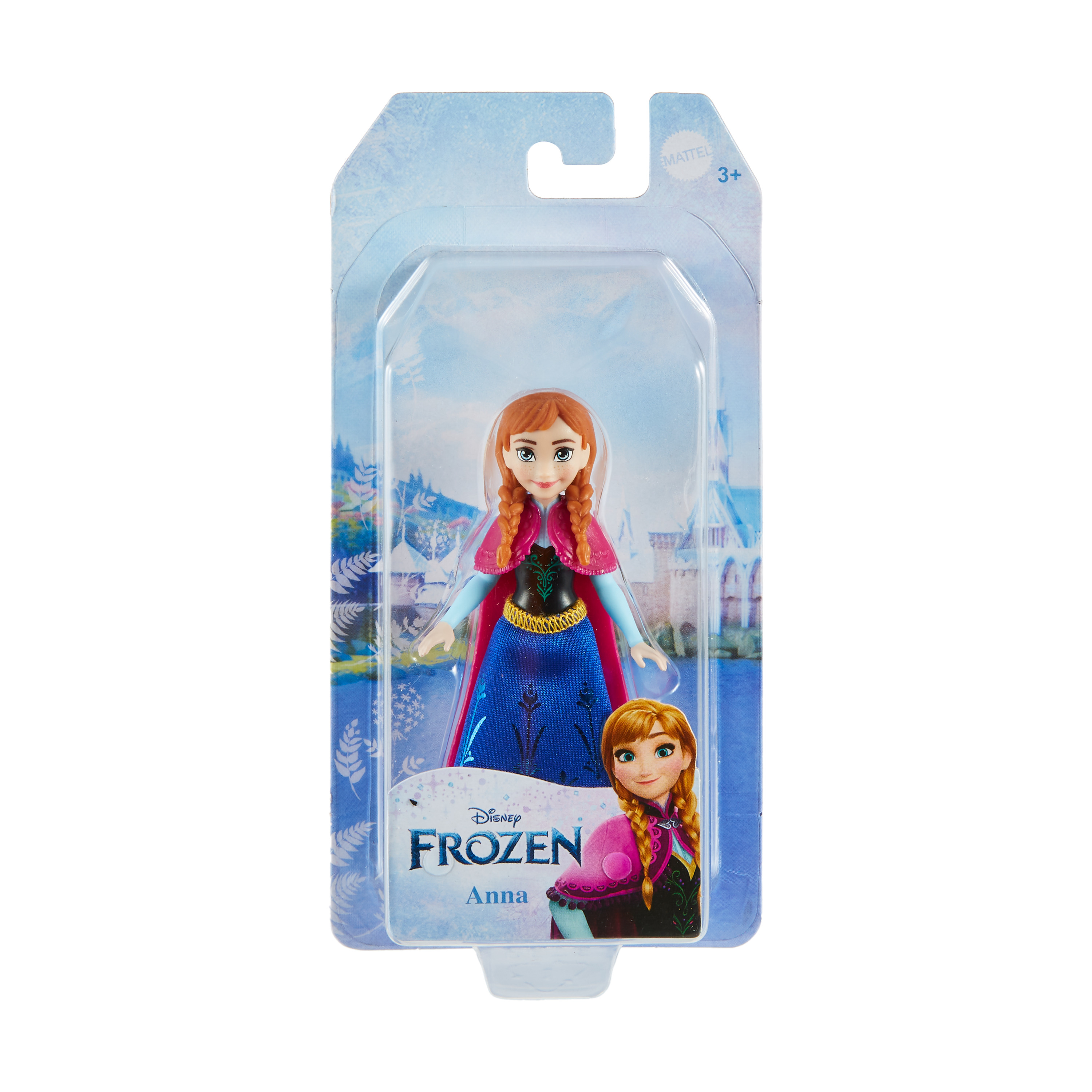 Frozen Anna-Puppe in Verpackung. Rotes und grünes Kleid, blaues Kleid. Weißer Hintergrund.