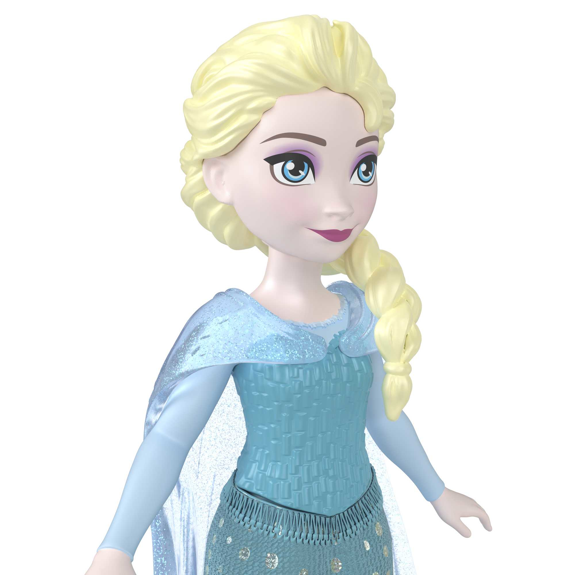 Elsa-Puppe mit blonden Haaren und blauem Kleid.