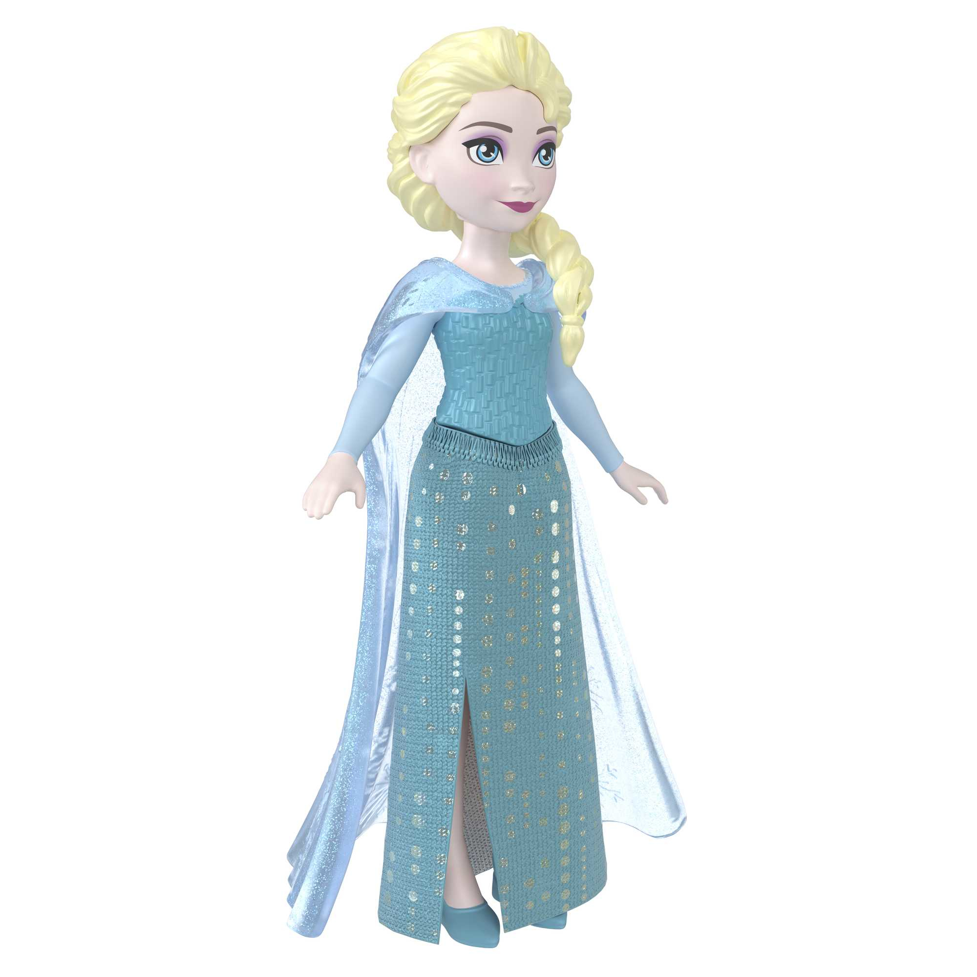 Elsa-Puppe in blauem Kleid mit Schlitz und Umhang.