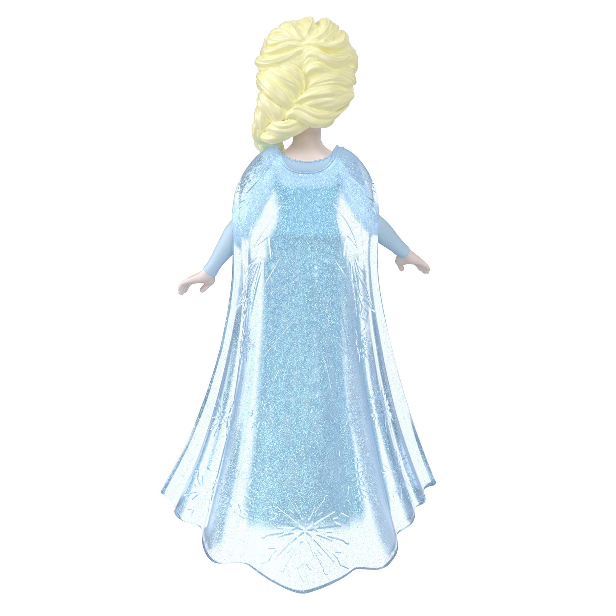 Eine Puppe von Elsa aus Frozen, Rückansicht, trägt ein blaues, glitzerndes Kleid und einen Umhang.