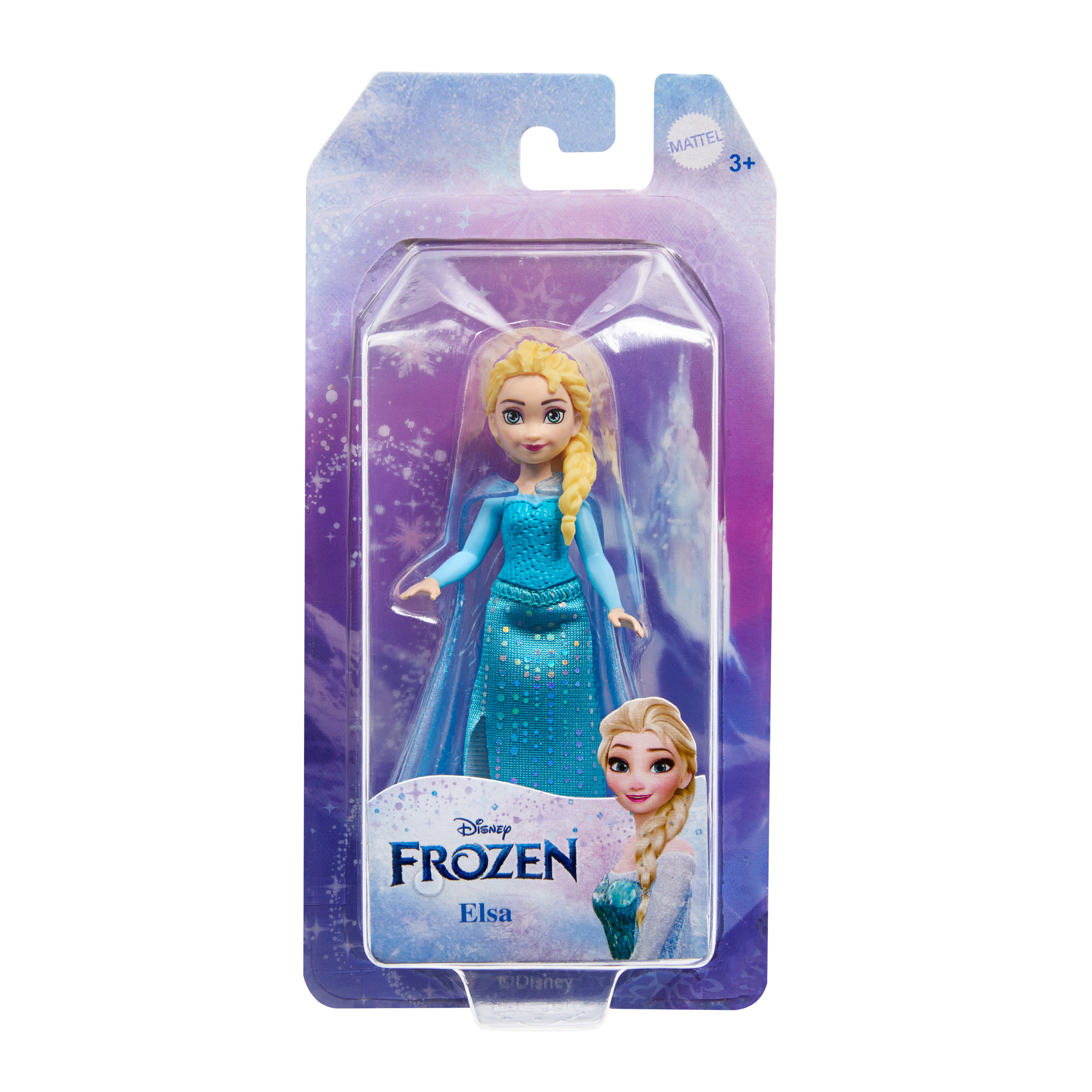 Elsa-Puppe im Paket. Die Verpackung hat das Frozen-Logo.