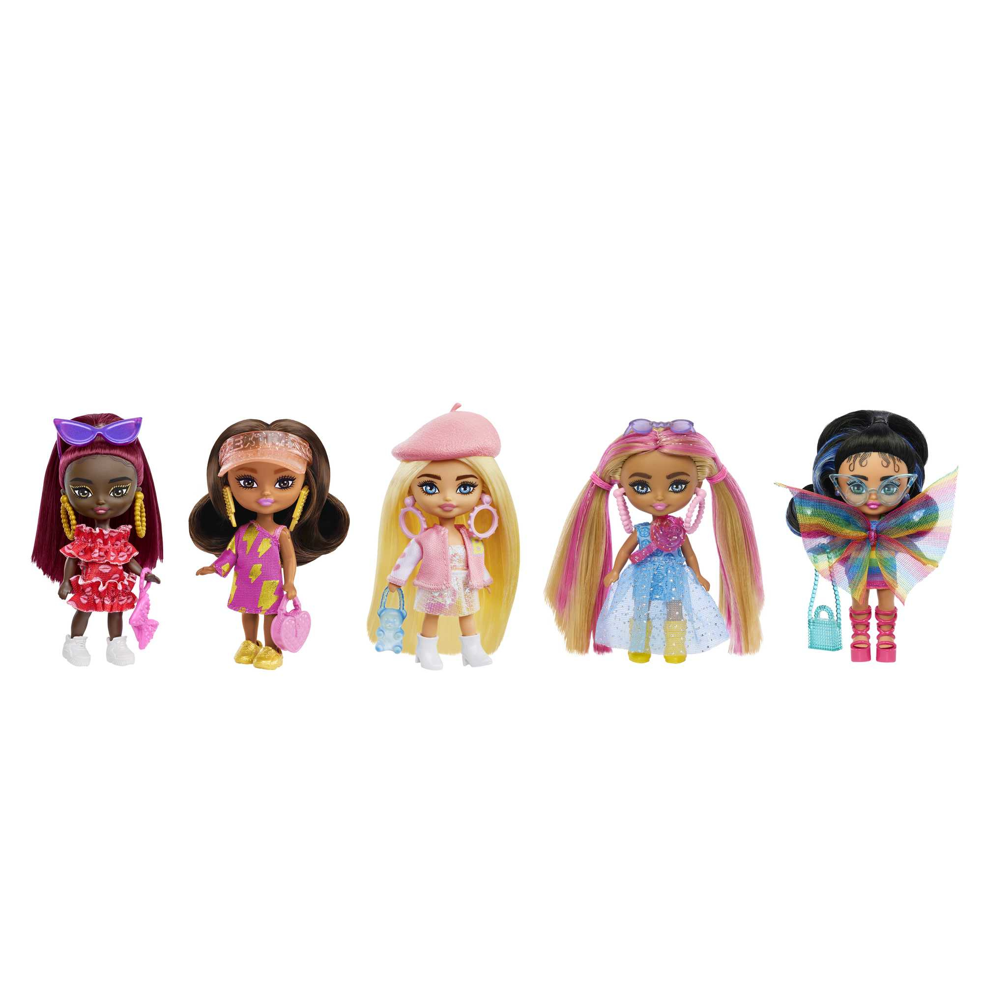 Fünf Puppen in verschiedenen Stilen und Farben. Jede Puppe trägt unterschiedliche Outfits mit einzigartigen Accessoires.