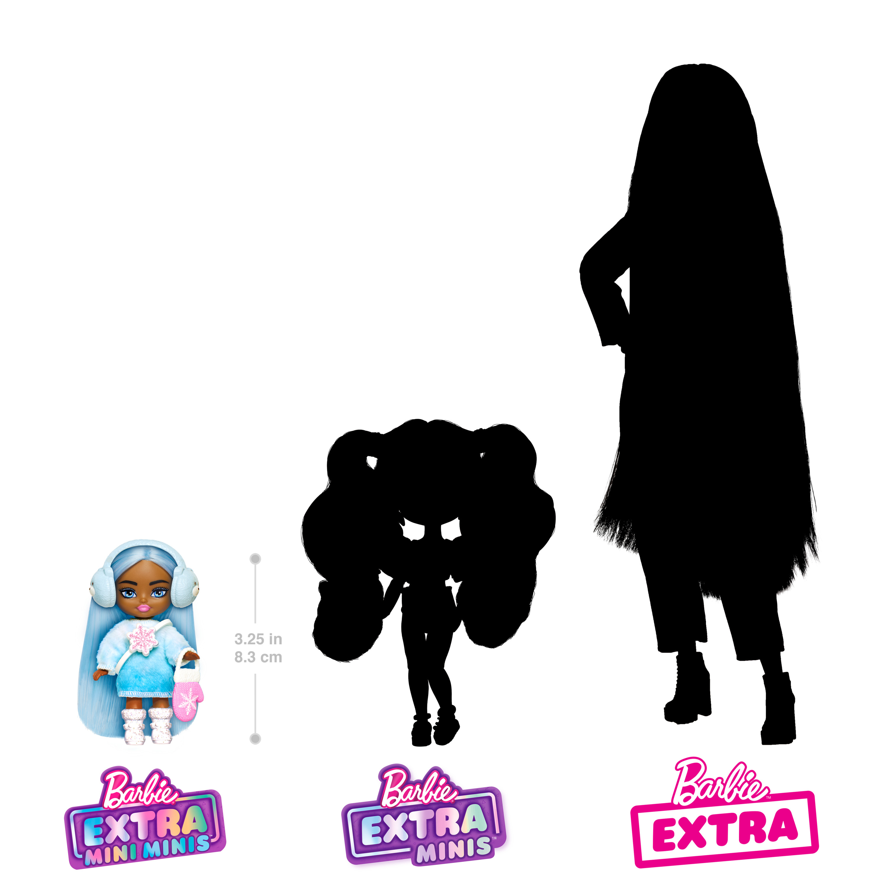 Drei Barbie Extra-Puppen. Eine ist eine Puppe im Winter-Look. 2 weitere sind Silhouetten.