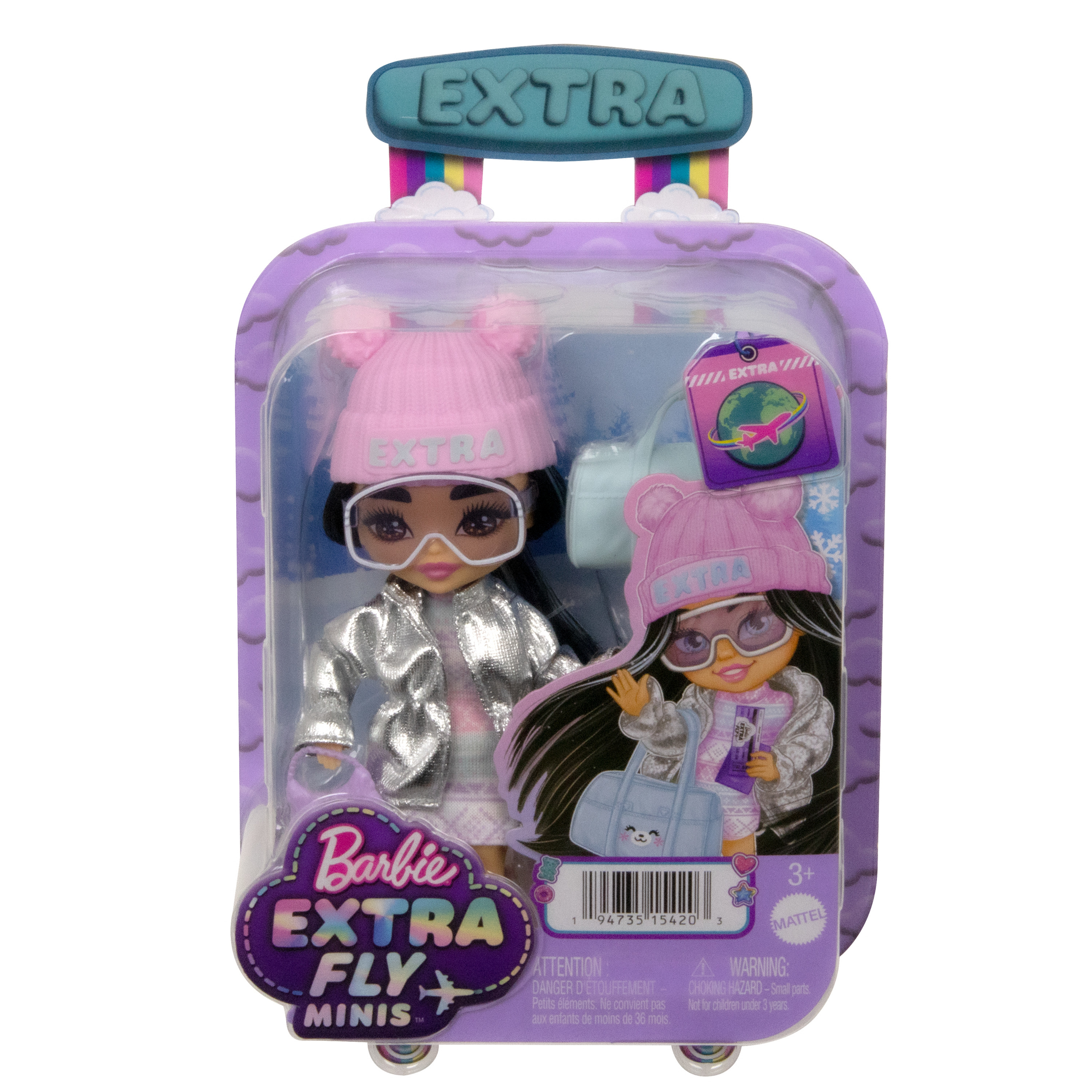 Lalka Barbie Extra Fly Minis w walizce. Lalka nosi różowy kapelusz i okulary.