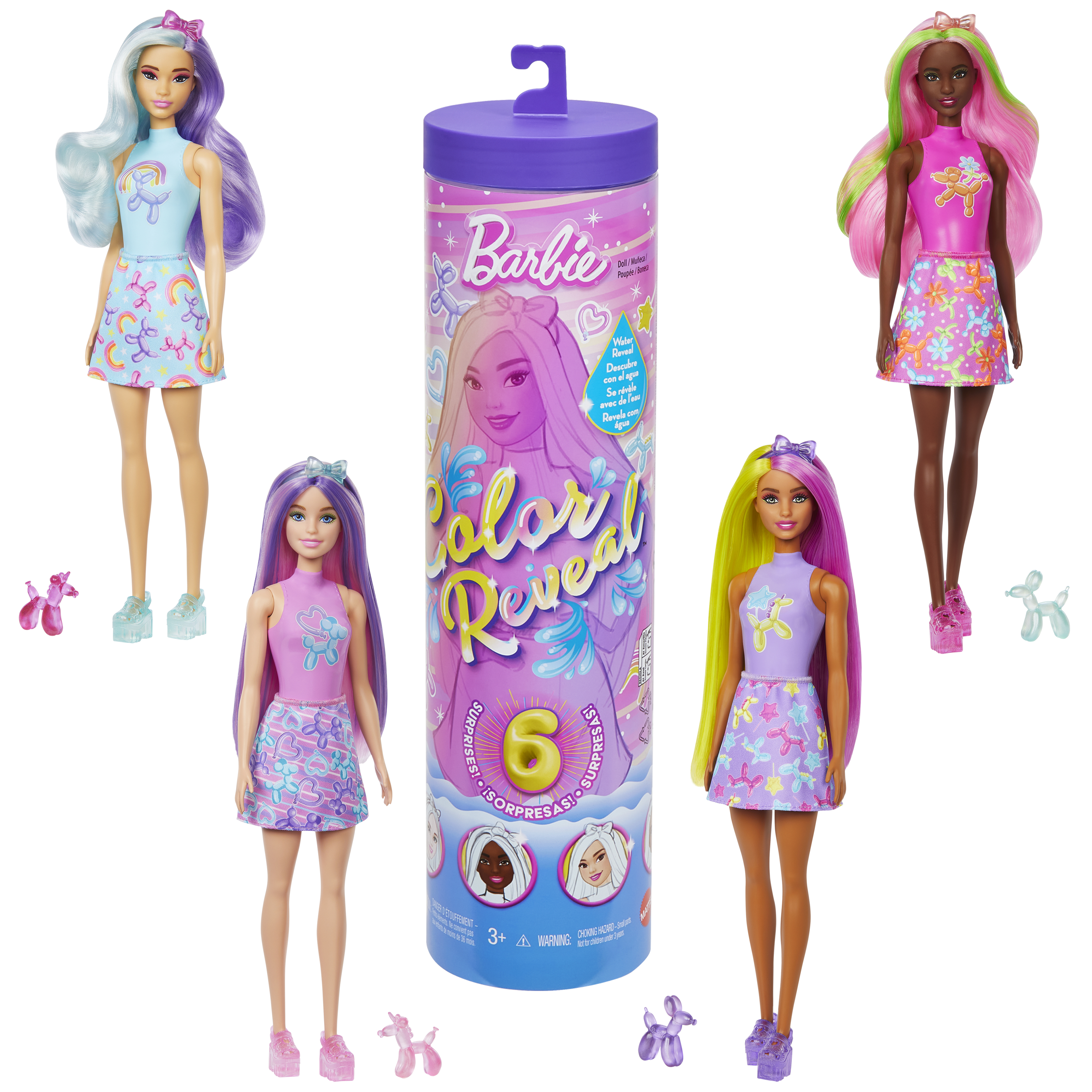 Vier Barbie-Puppen mit farbenthüllendem Haar und Zubehör, angeordnet um eine zylindrische Verpackung.