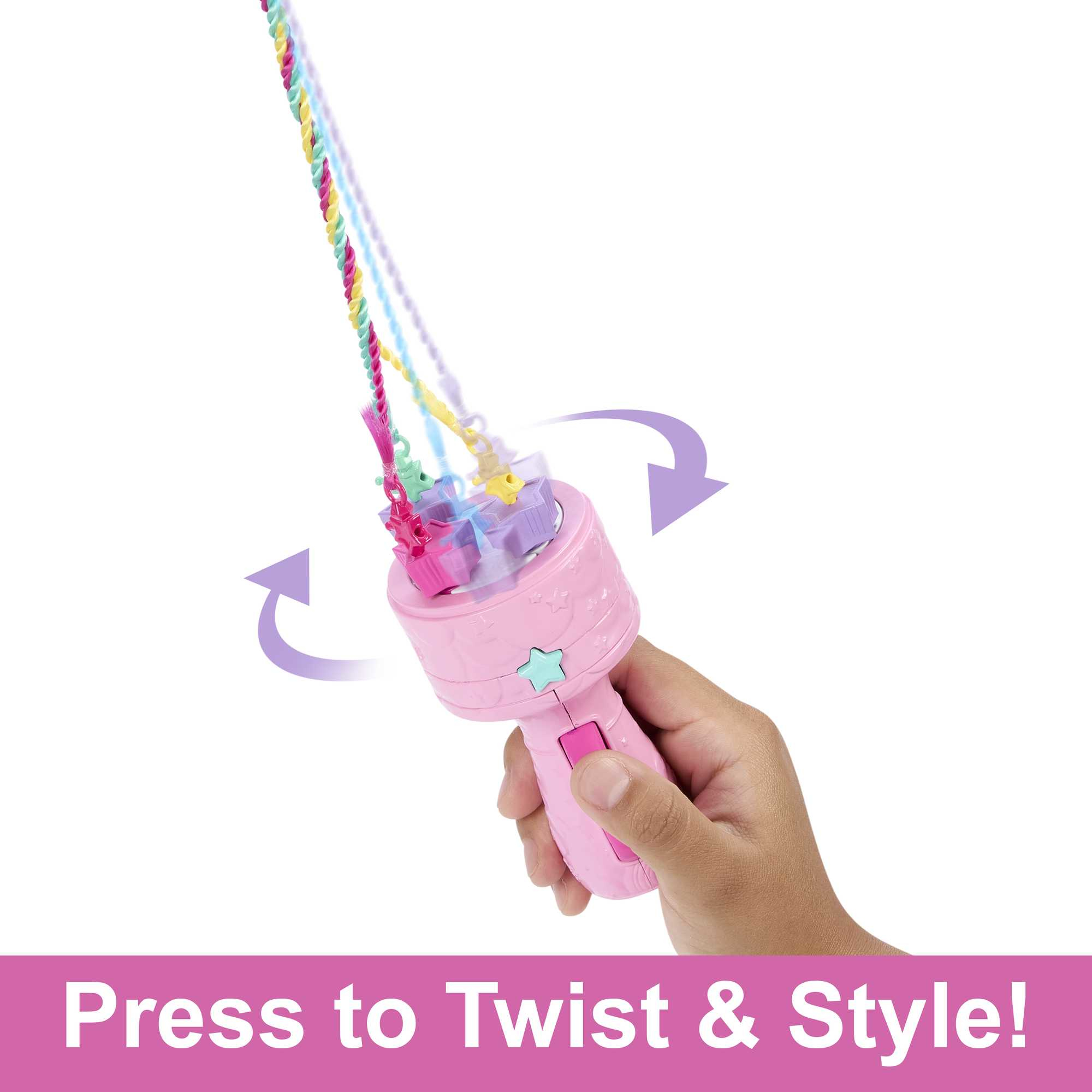 Ein rosa Zauberstab-Spielzeug mit bunten Schnüren und sternförmigen Perlen. Pfeile zeigen Drehen und Stylen an.