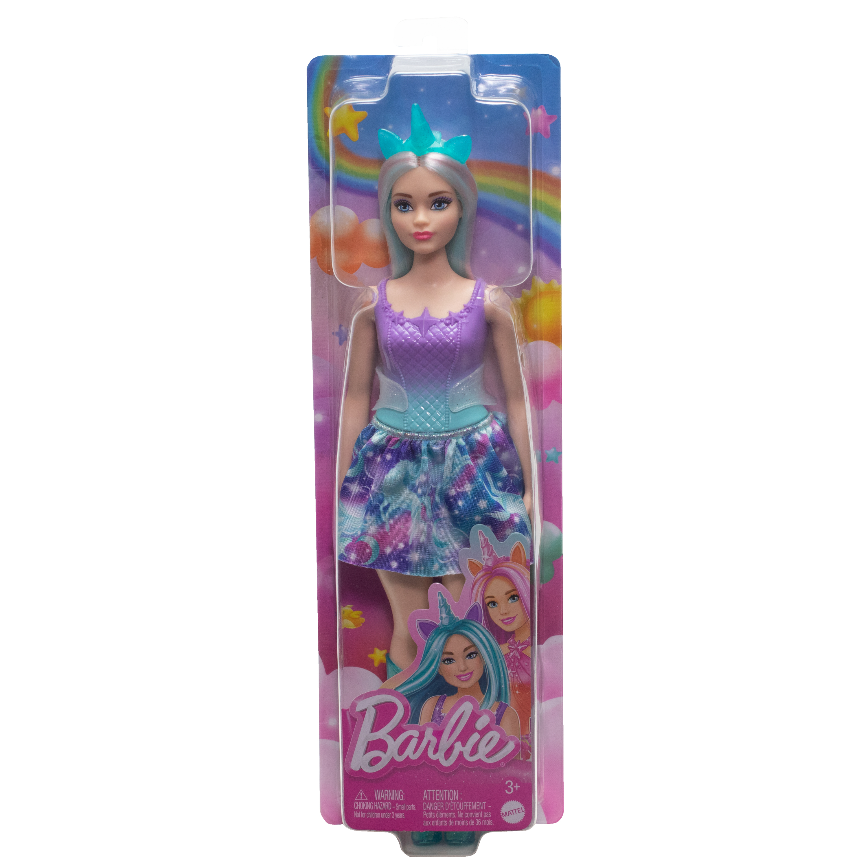 Barbie-Puppe in der Verpackung. Blaues und lila Kleid mit Einhorn-Aufdruck. Regenbogen- und Sterne-Hintergrund.