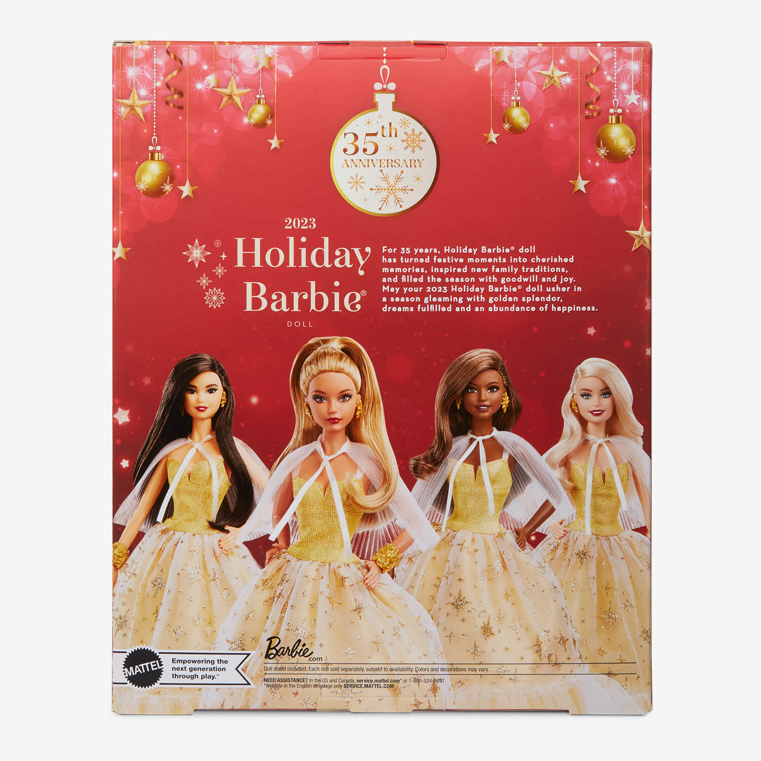 Barbie Holiday Puppenbox, goldene Akzente, 4 Puppen in Kleidern. Roter Hintergrund, goldene Sterne.