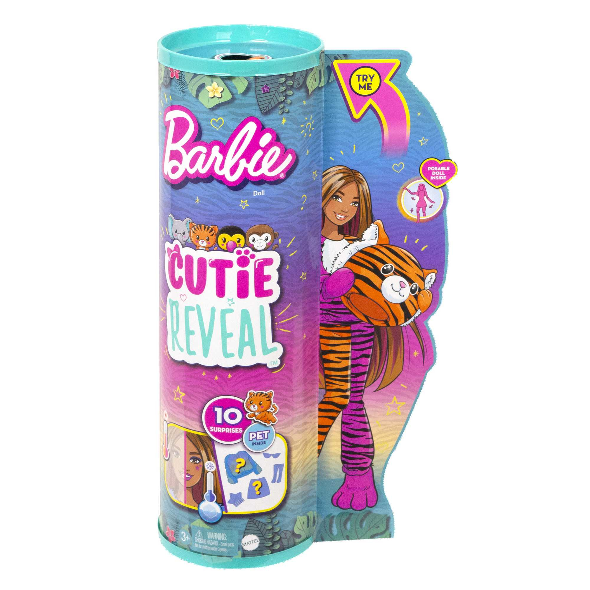 Barbie Cutie Reveal Puppe. Beinhaltet eine Puppe mit Tigerkostüm und 10 Überraschungen.