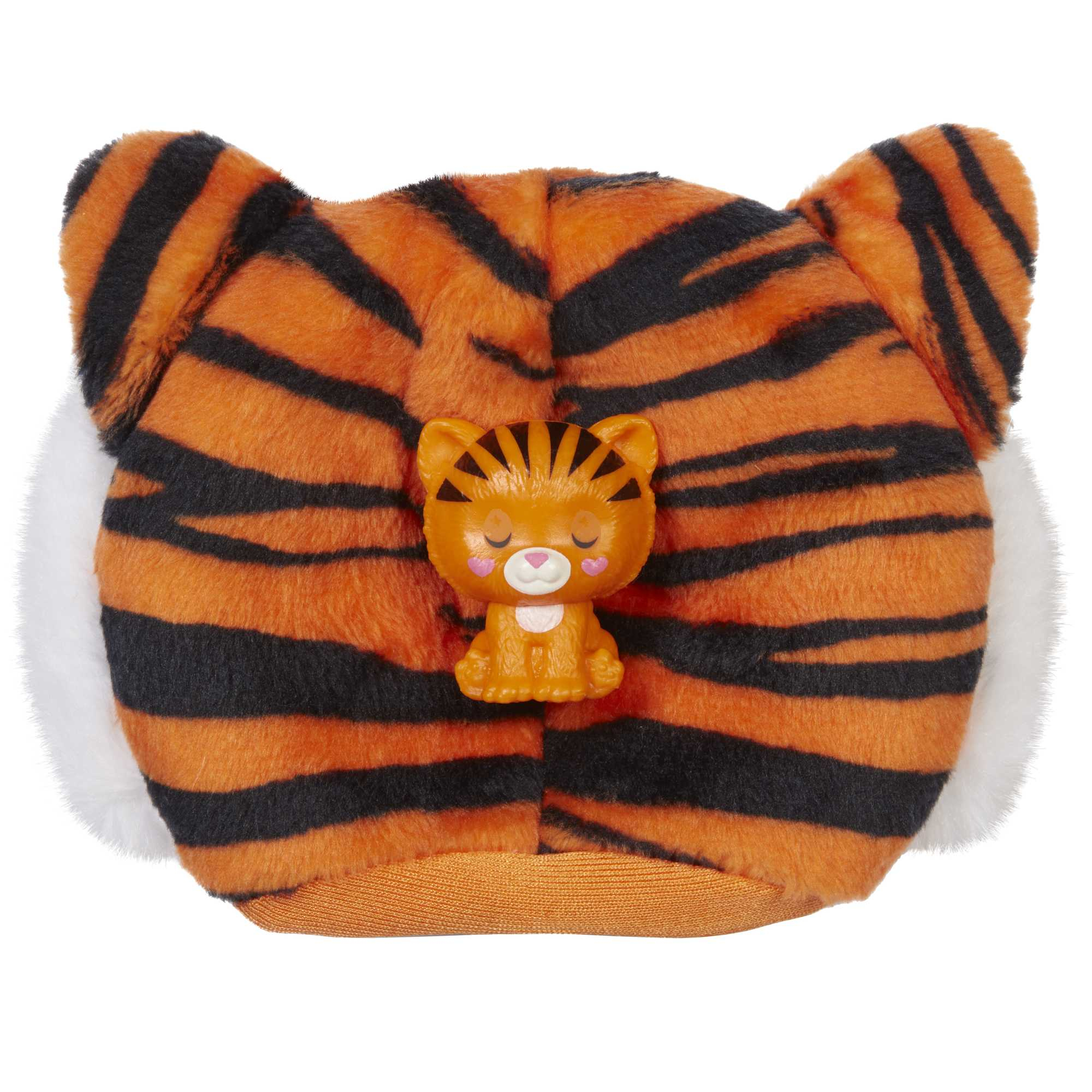 Tigerhut-Spielzeug mit einer kleinen Tigerfigur darauf. Orange und schwarze Streifen mit weißem, flauschigem Rand.