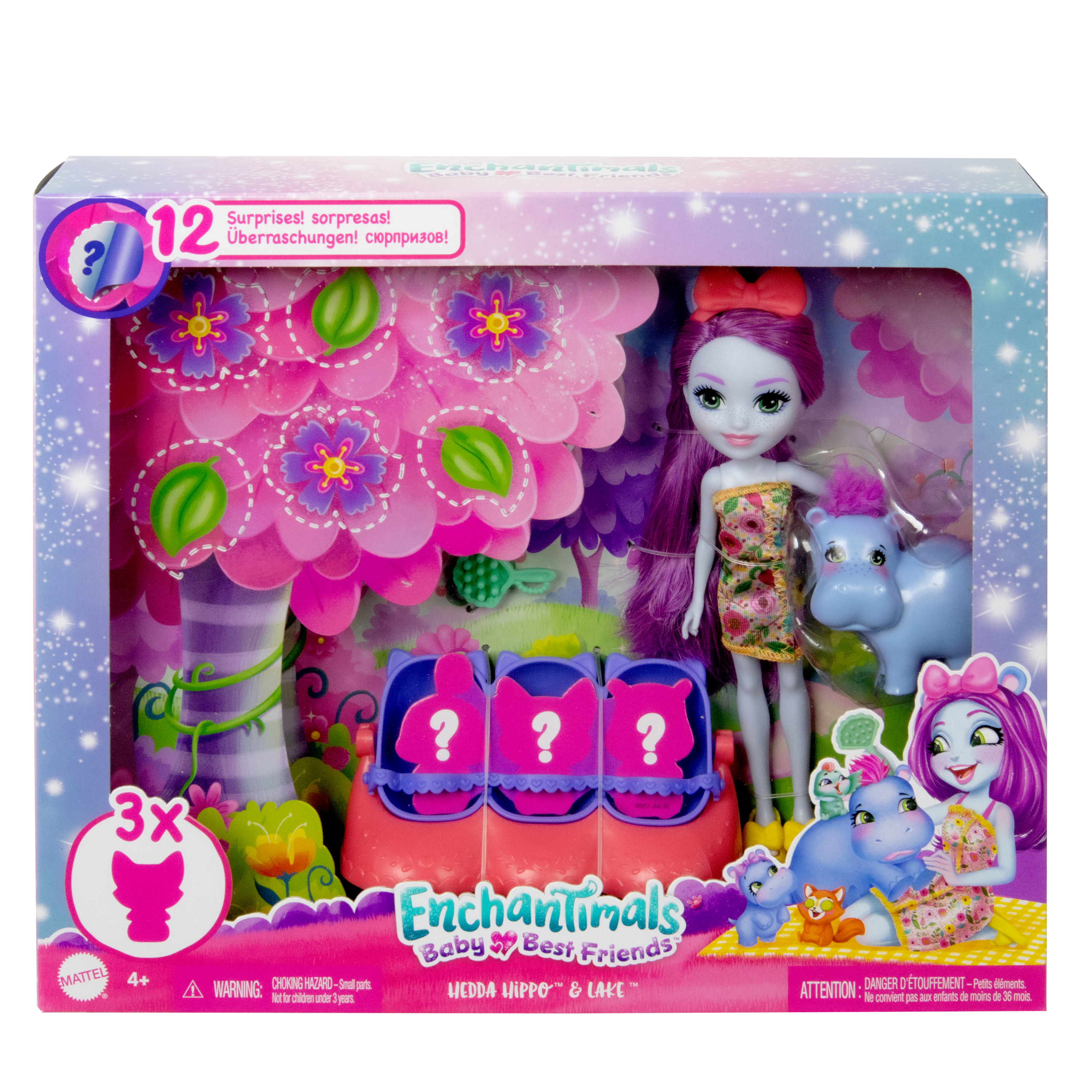 Zestaw zabawek z lalką, hipopotamem i maskami spa. Zawiera drzewo i ławkę.