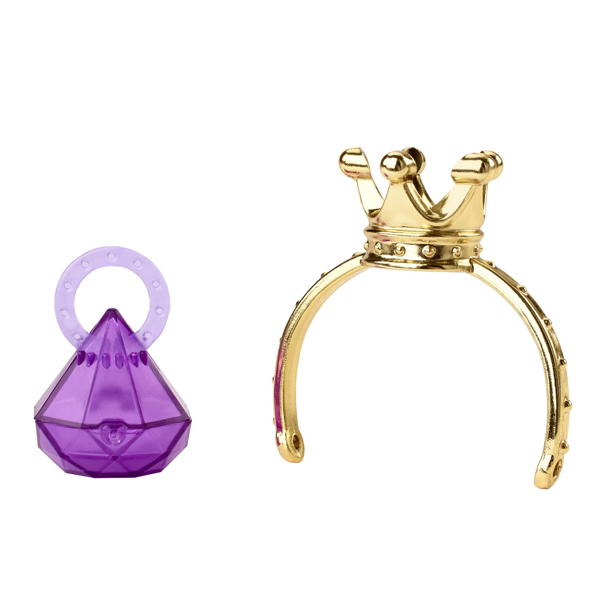 Ein lila Ring mit einem Edelstein und eine goldene Krone.