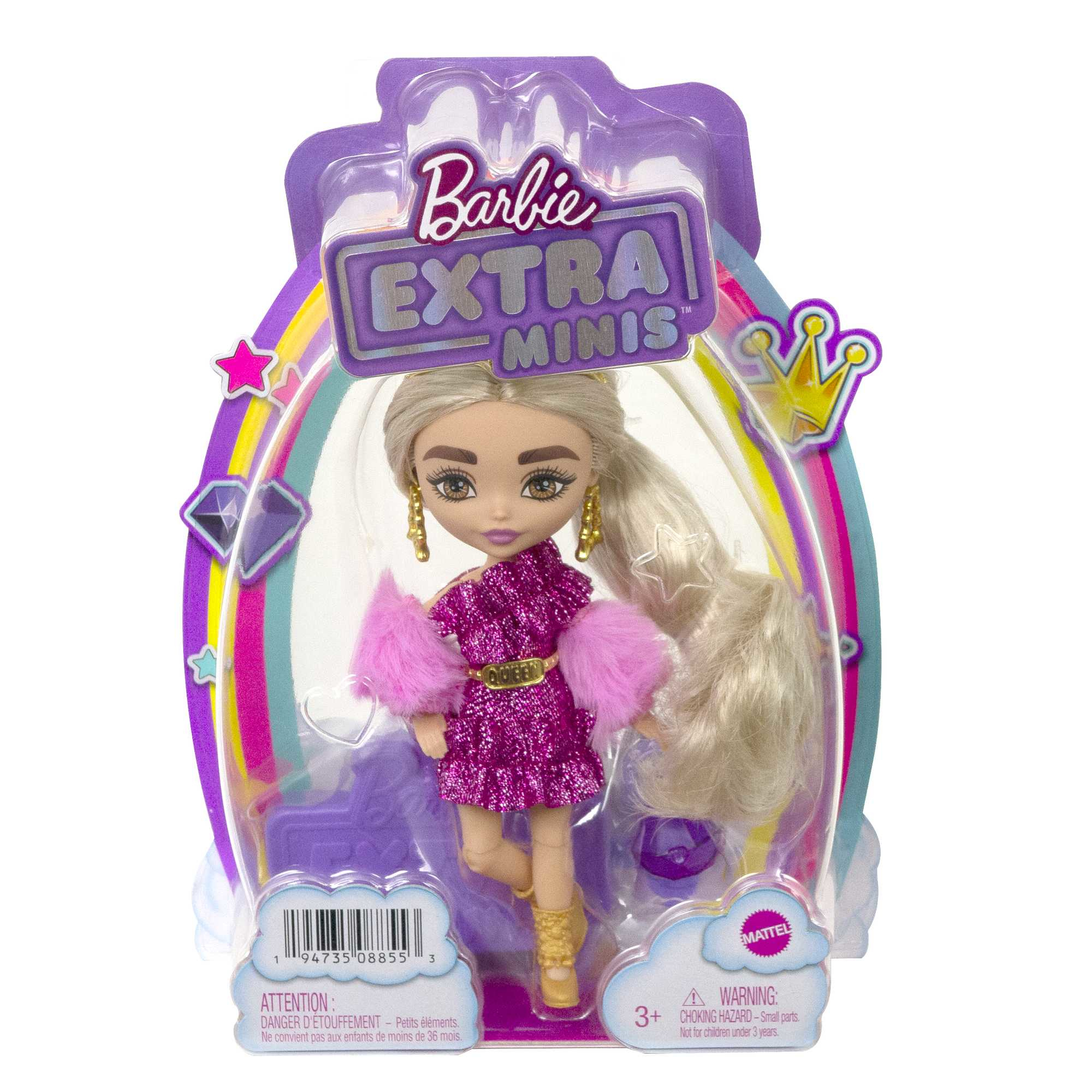 Barbie Extra Minis Puppe in einem rosa Kleid mit goldenen Ohrringen und langen blonden Haaren in der Verpackung.