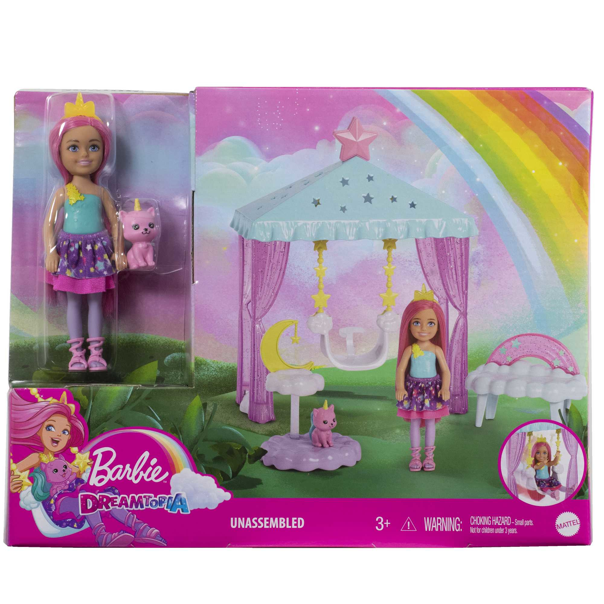 Barbie Dreamtopia Spielset mit zwei Puppen, einem Baldachin und anderem Zubehör. Pinkes Thema.