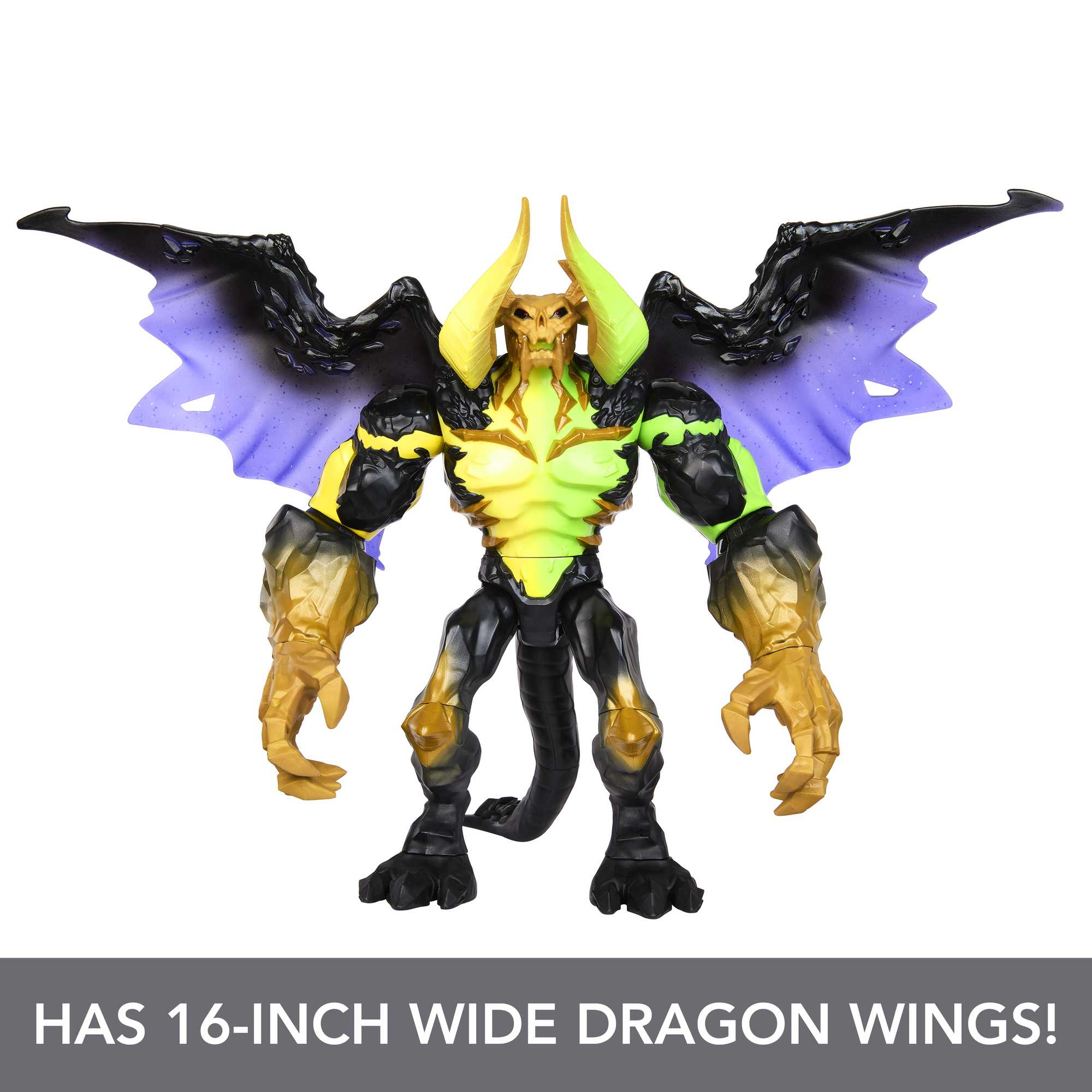 Un monstruo de juguete con alas grandes y cuernos. Tiene colores amarillo, negro y dorado.