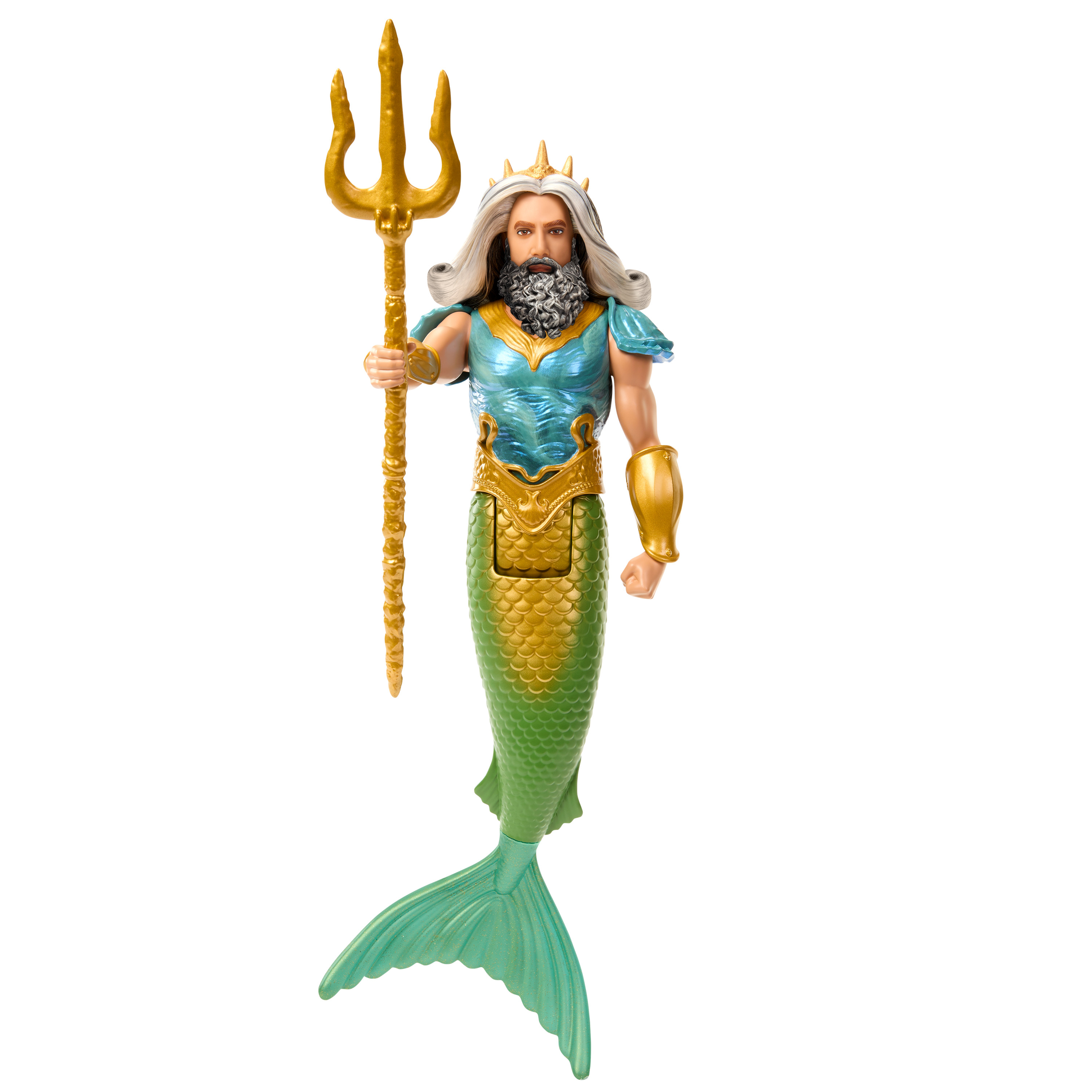 Neptun-Puppe mit goldenem Dreizack. Blau-goldenes Outfit, grüner Schwanz. Weißer Hintergrund.
