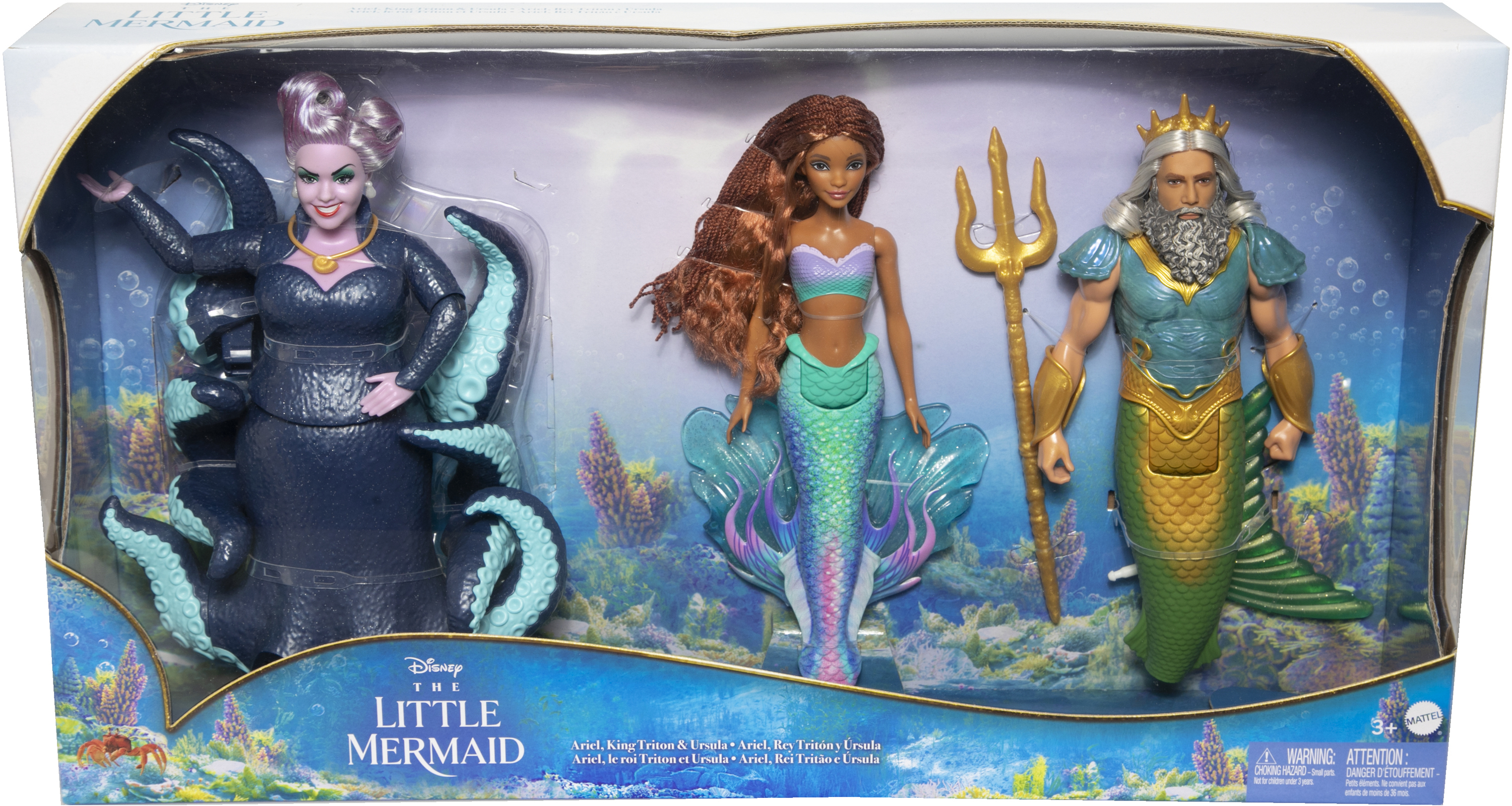 Das Little Mermaid-Puppenset. Ursula, Ariel und King Triton Puppen. Ursula ist dunkel mit Tentakeln.
