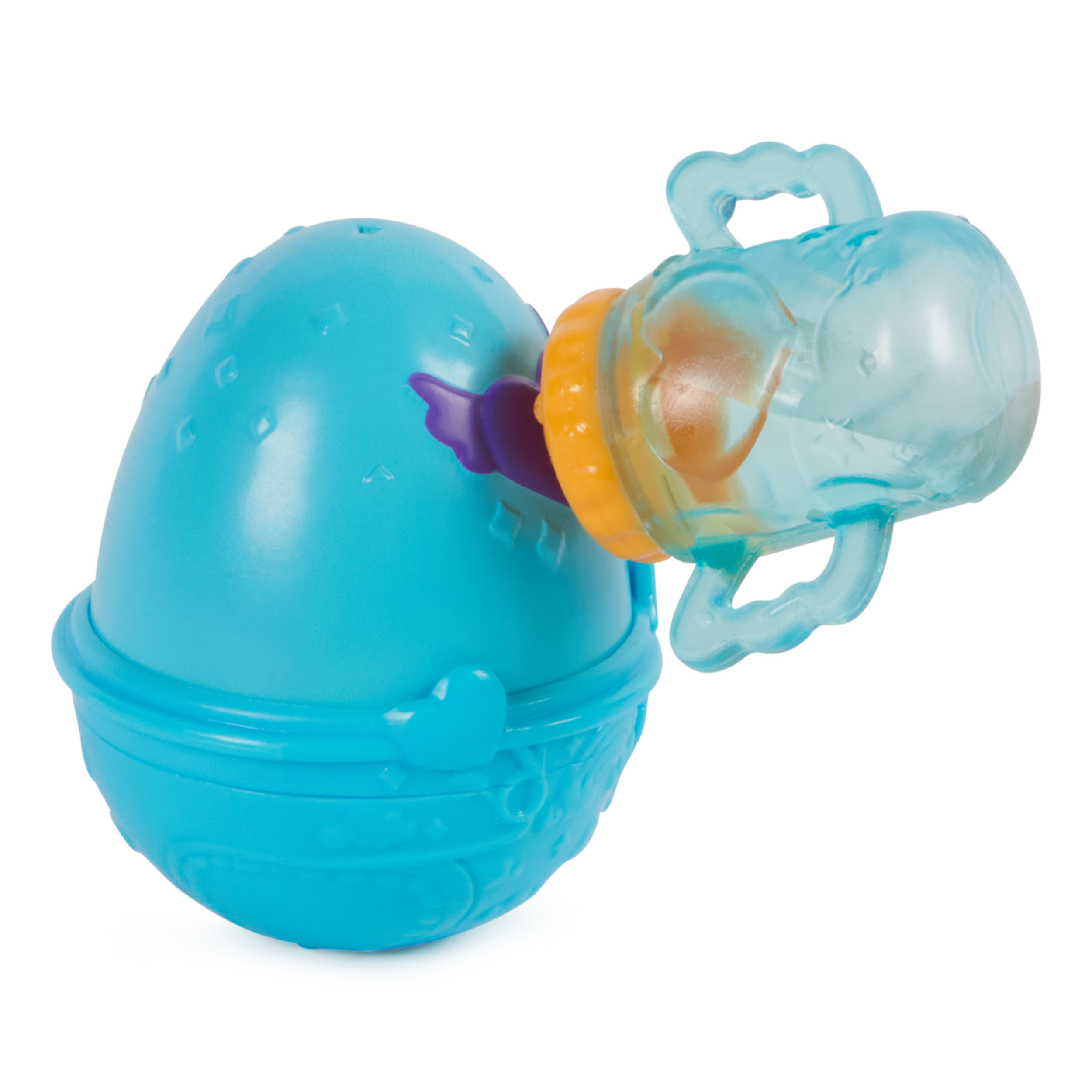 Niebiesko-pomarańczowa zabawka. Zabawka ma kształt jajka z przezroczystym mocowaniem.