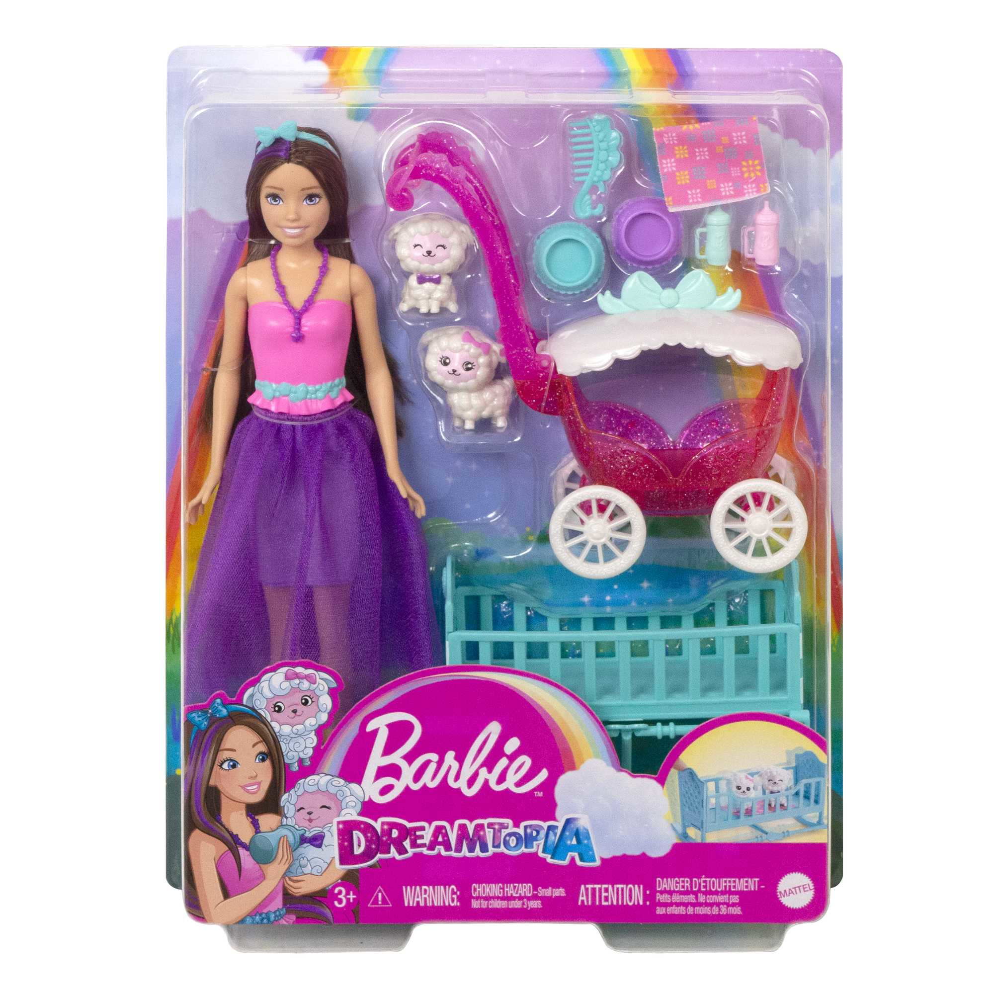 Lalka Barbie Dreamtopia z akcesoriami. Scena zawiera powóz, szczenięta i kołyskę.