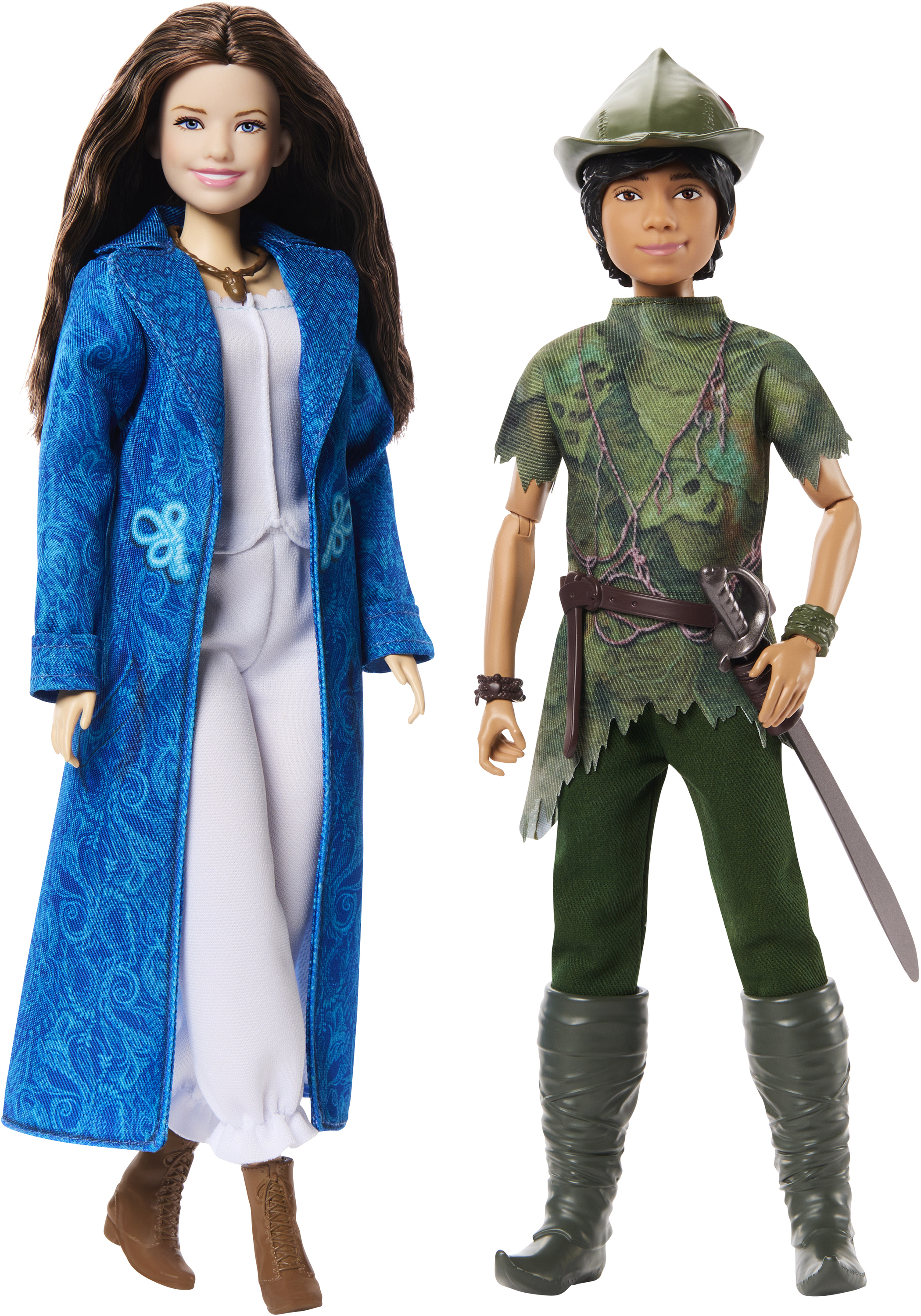 Zwei Puppen: eine Frau im blauen Mantel und ein Junge im grünen Outfit, von Peter Pan.
