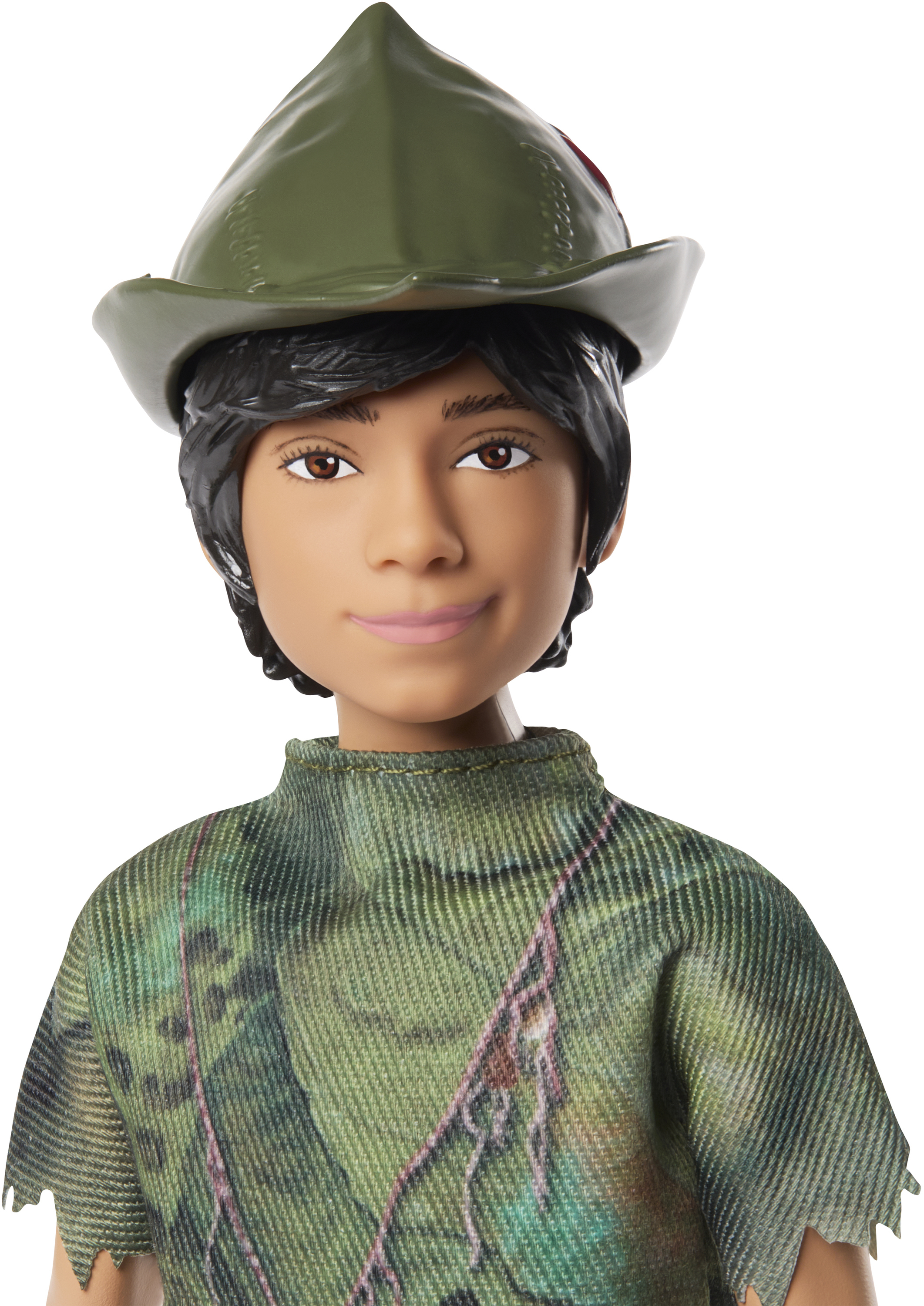 Eine Jungenpuppe mit grünem Hut und Outfit, von Peter Pan.
