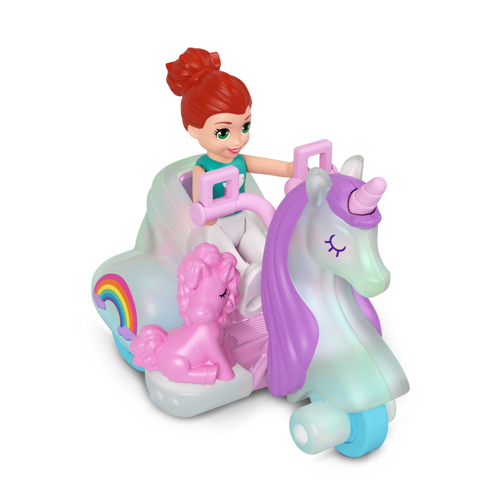 Polly Pocket-Set mit einem Mädchen, das einen Einhorn-Roller mit einem kleinen rosa Pony und einem Regenbogen fährt.