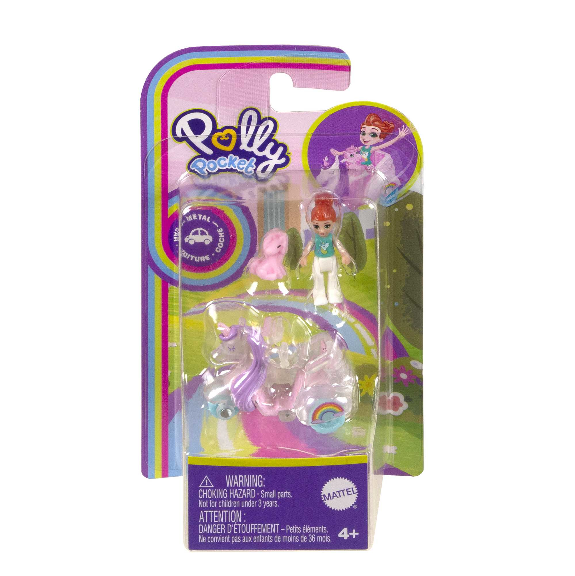 Ein Polly Pocket-Set mit einem Mädchen, das mit einem kleinen rosa Pony einen Einhorn-Roller fährt.