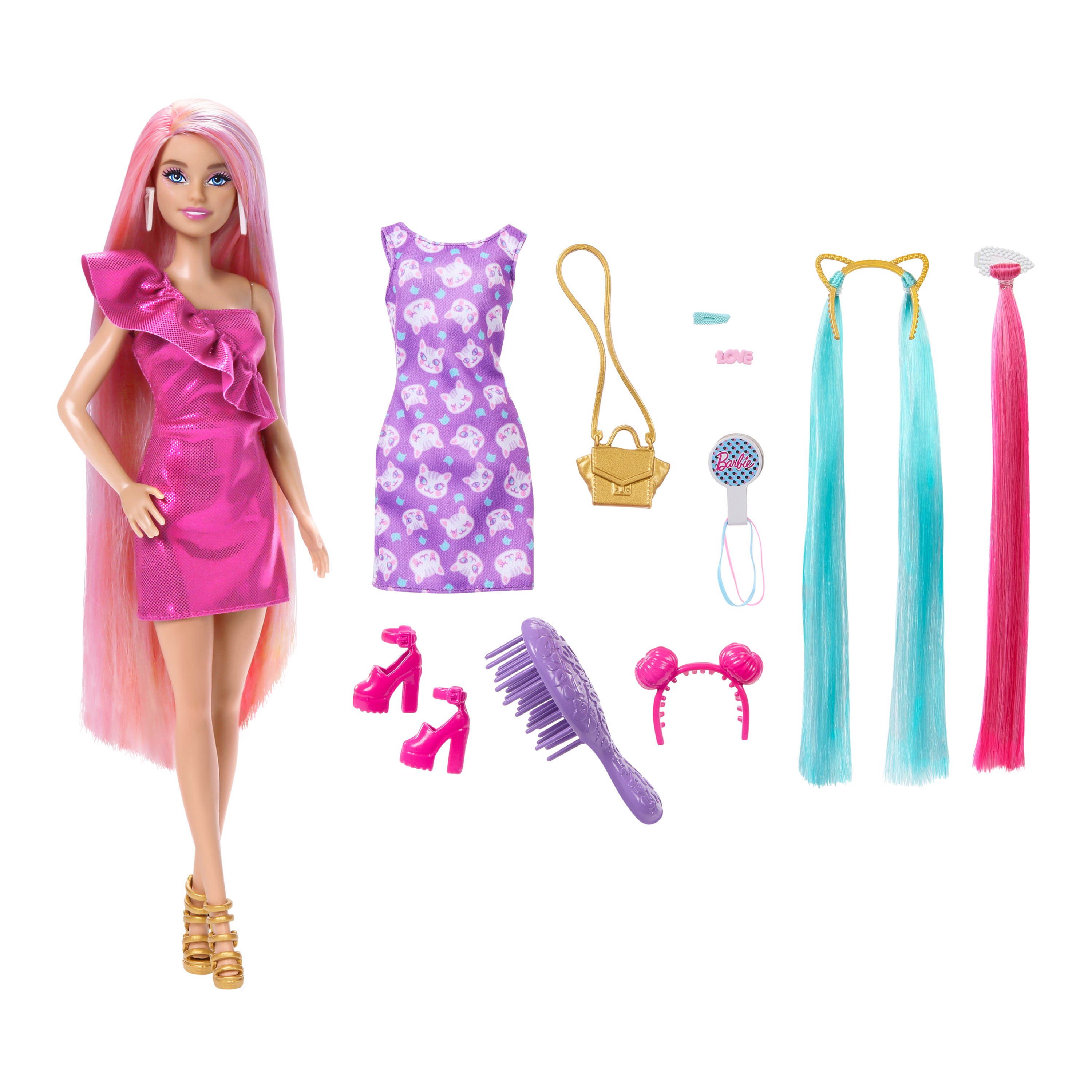 Una muñeca Barbie con cabello largo rosado y accesorios como vestidos, zapatos y joyas.