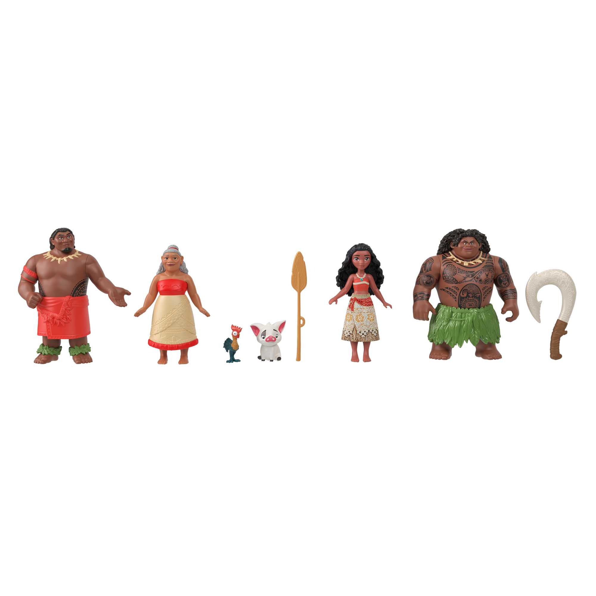 Figurki Moany i Mauiego z innymi postaciami z filmu Moana, na białym tle.