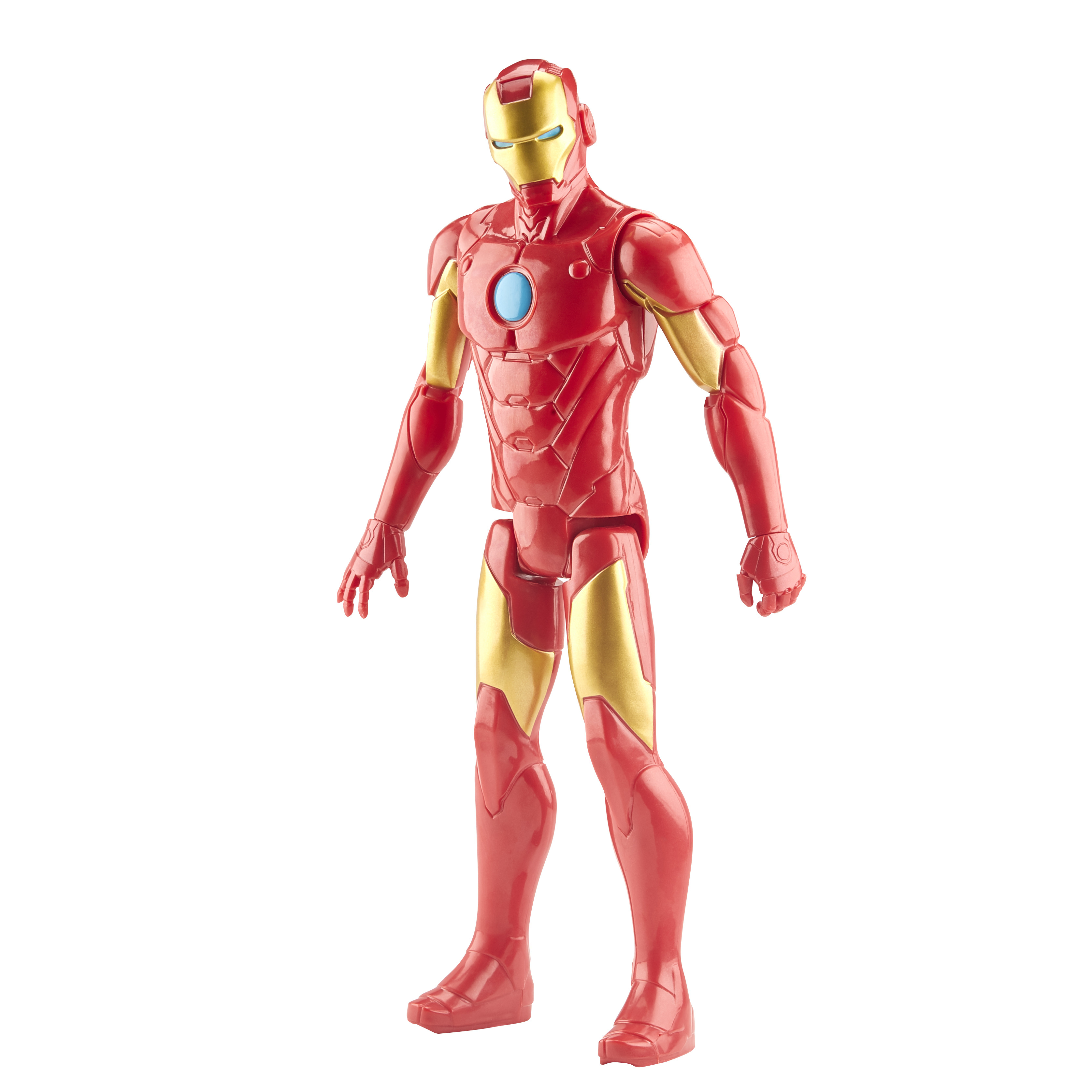 Action figure di Iron Man con tuta rossa e oro, posata su uno sfondo bianco.