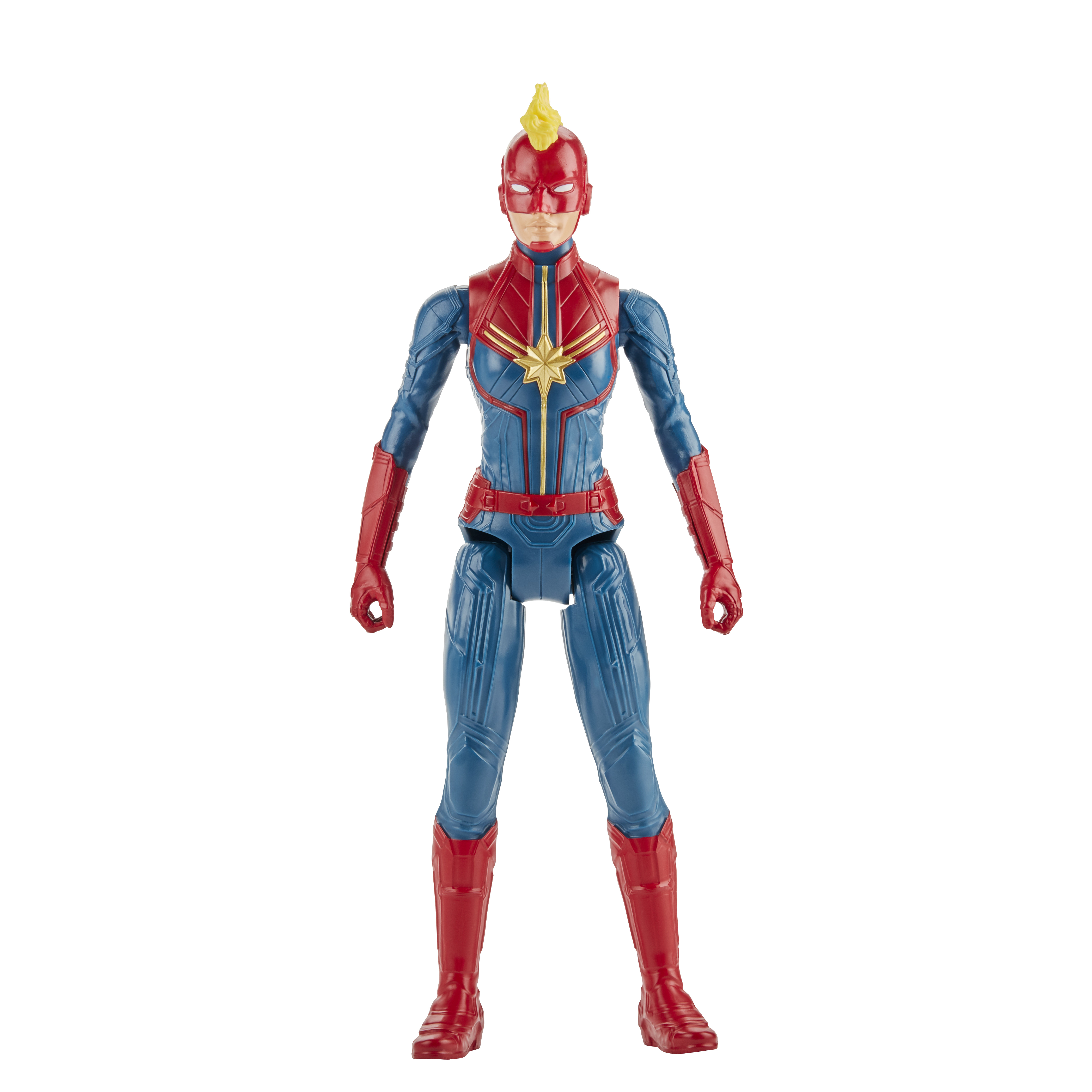 Una action figure di Captain Marvel in piedi. Indossa un costume rosso, blu e oro.