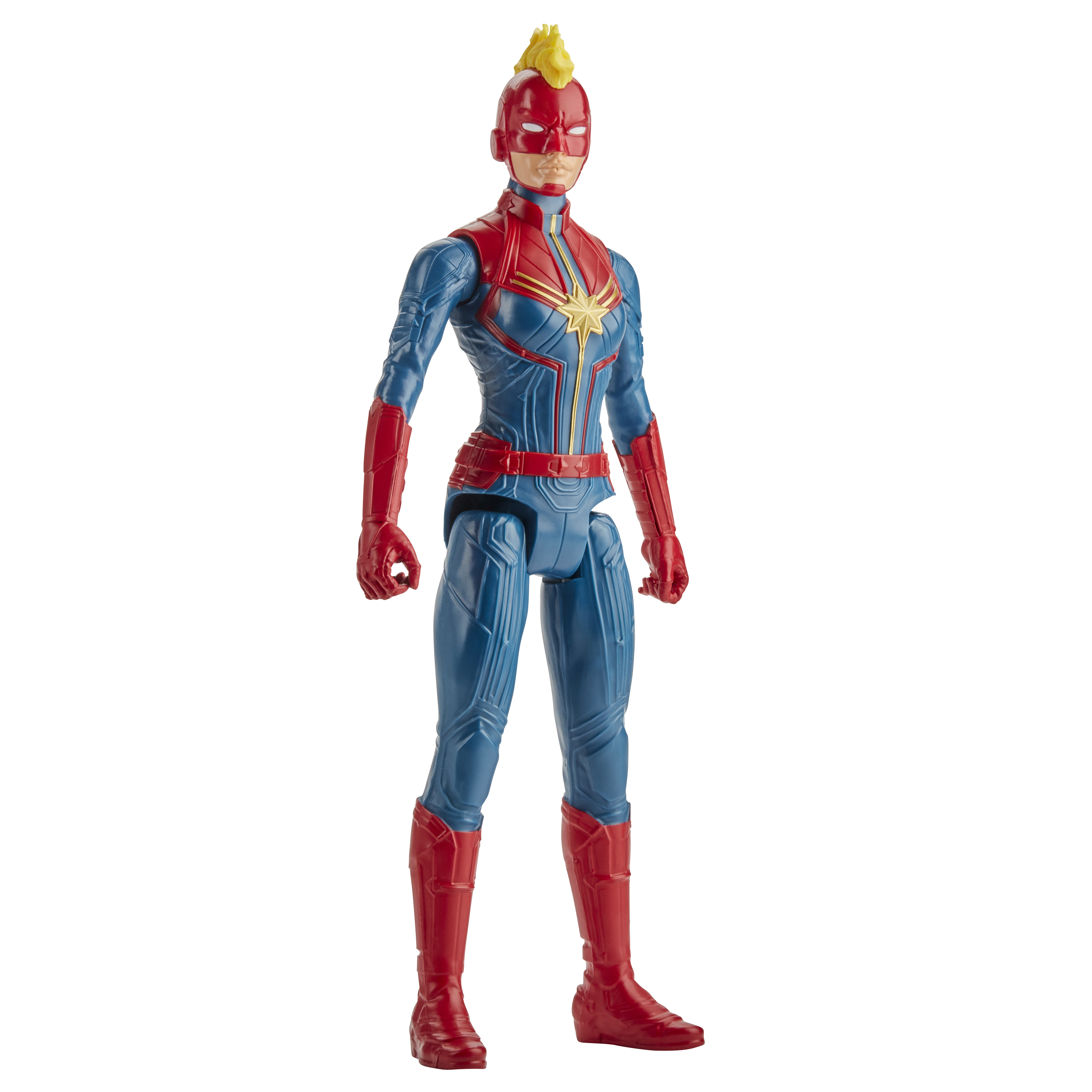 Action figure di Captain Marvel in costume blu e rosso, con cresta gialla.