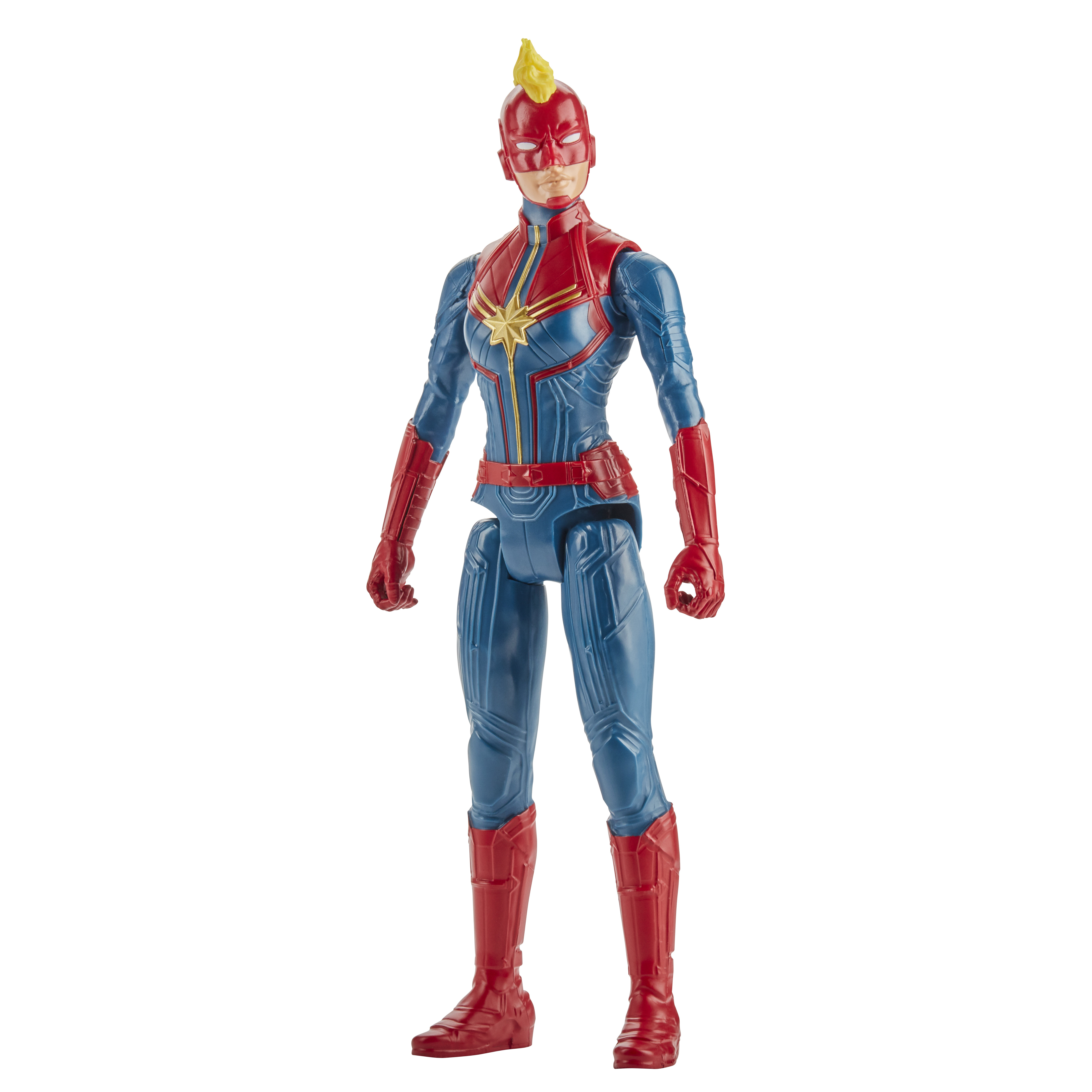 Una action figure di Captain Marvel in piedi. Indossa un costume rosso, blu e oro. I suoi capelli sono gialli.