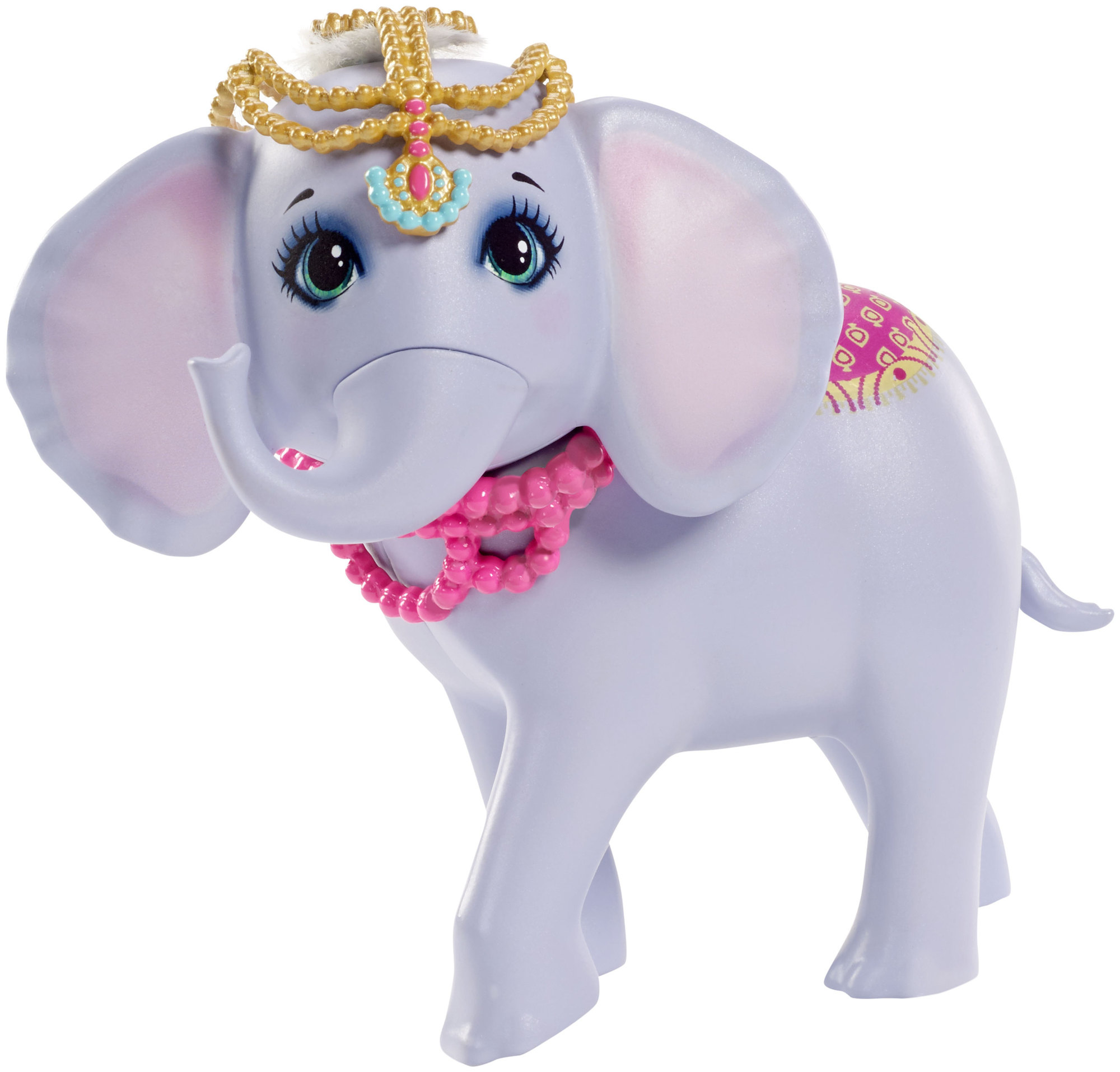 Ein helllila Spielzeug-Elefant mit rosa Schmuck, einem goldenen Kopfschmuck und großen Augen. Er steht auf weißem Grund.