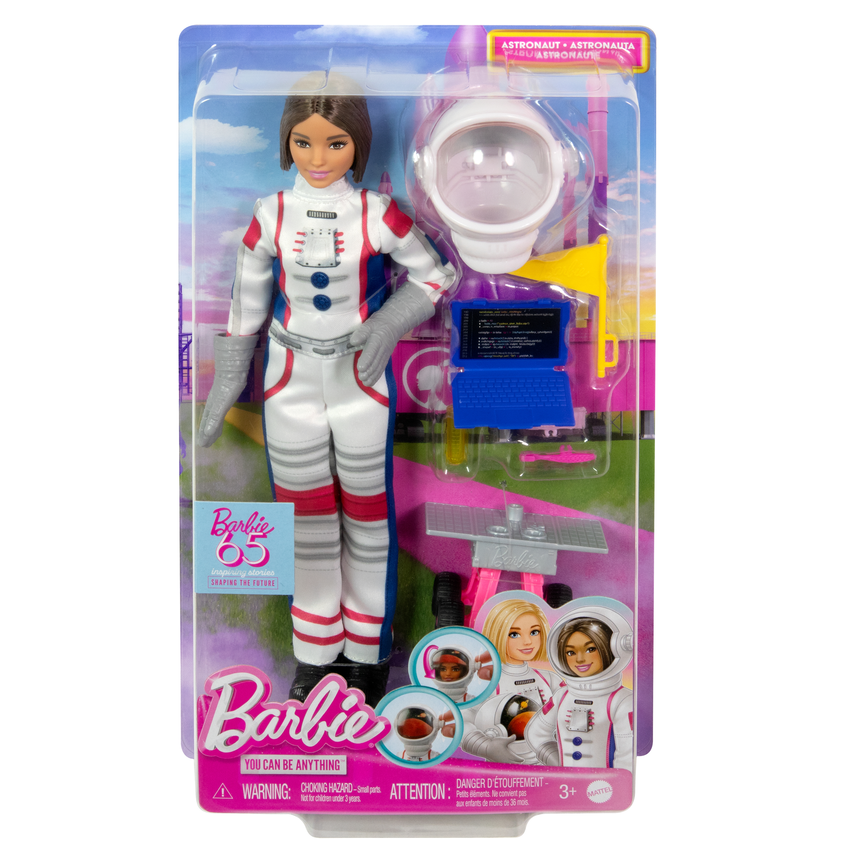 Lalka Barbie astronautka ze skafandrem, hełmem, laptopem i łazikiem kosmicznym.