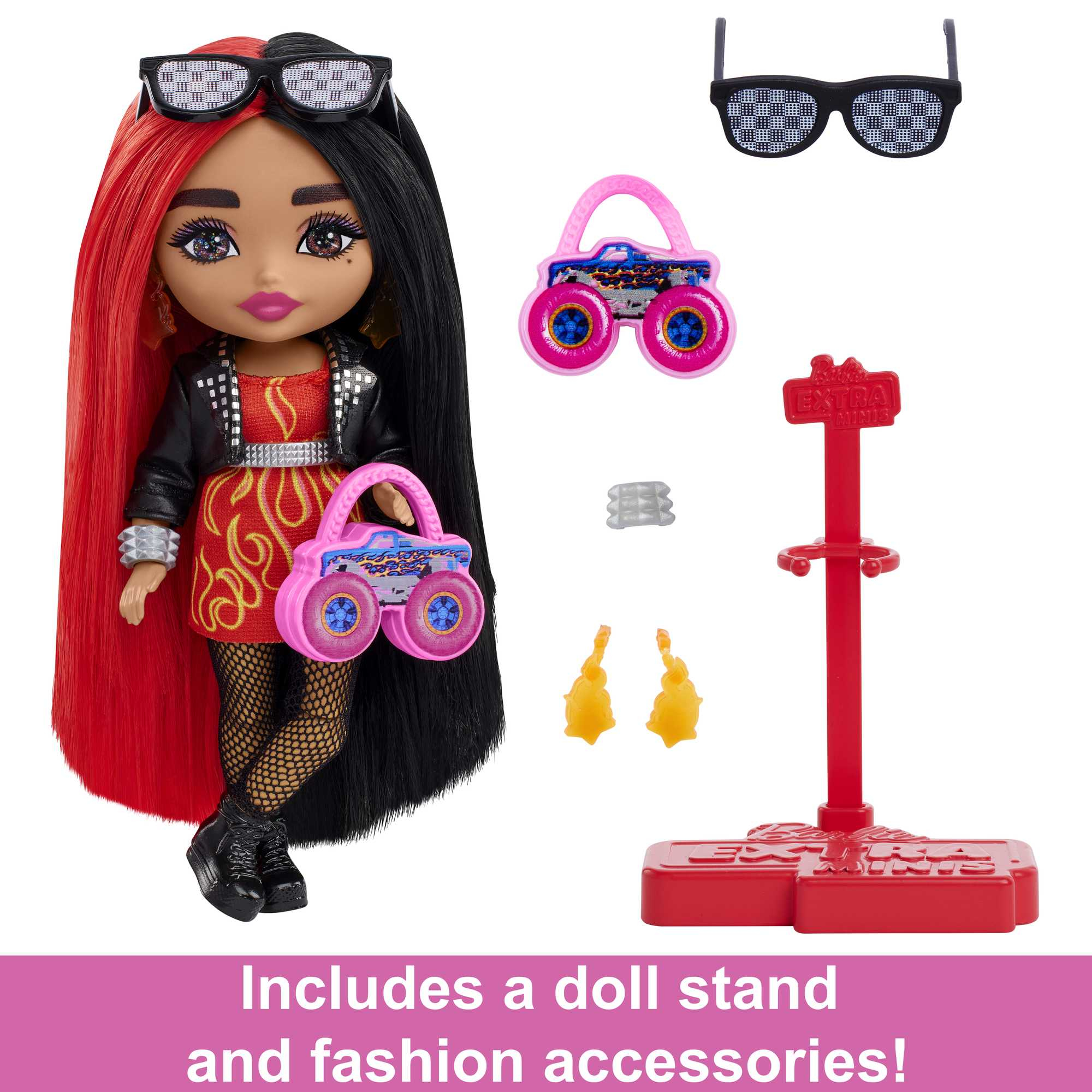 Eine Puppe mit rot-schwarzem Haar, Zubehör umfasst Sonnenbrille, Handtasche und Ständer.