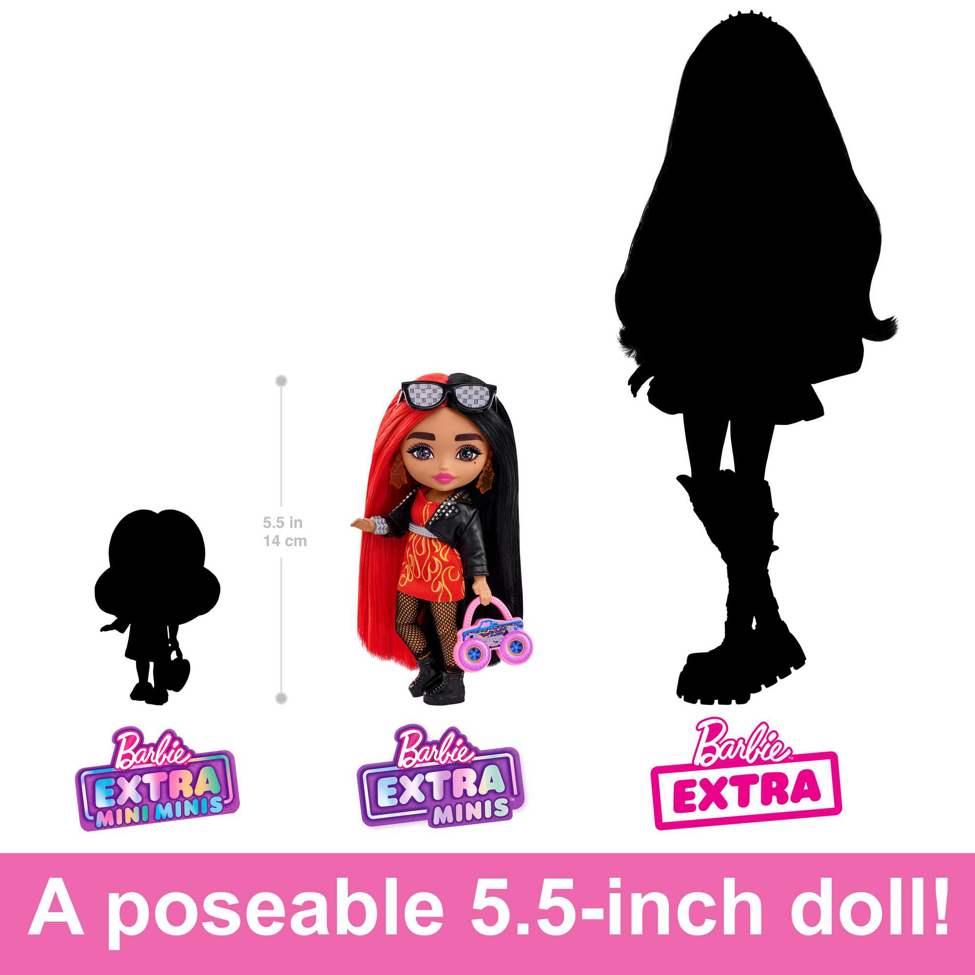 Eine Puppe mit schwarz-rotem Haar, die eine Handtasche hält. Extra Minis und eine Silhouette.