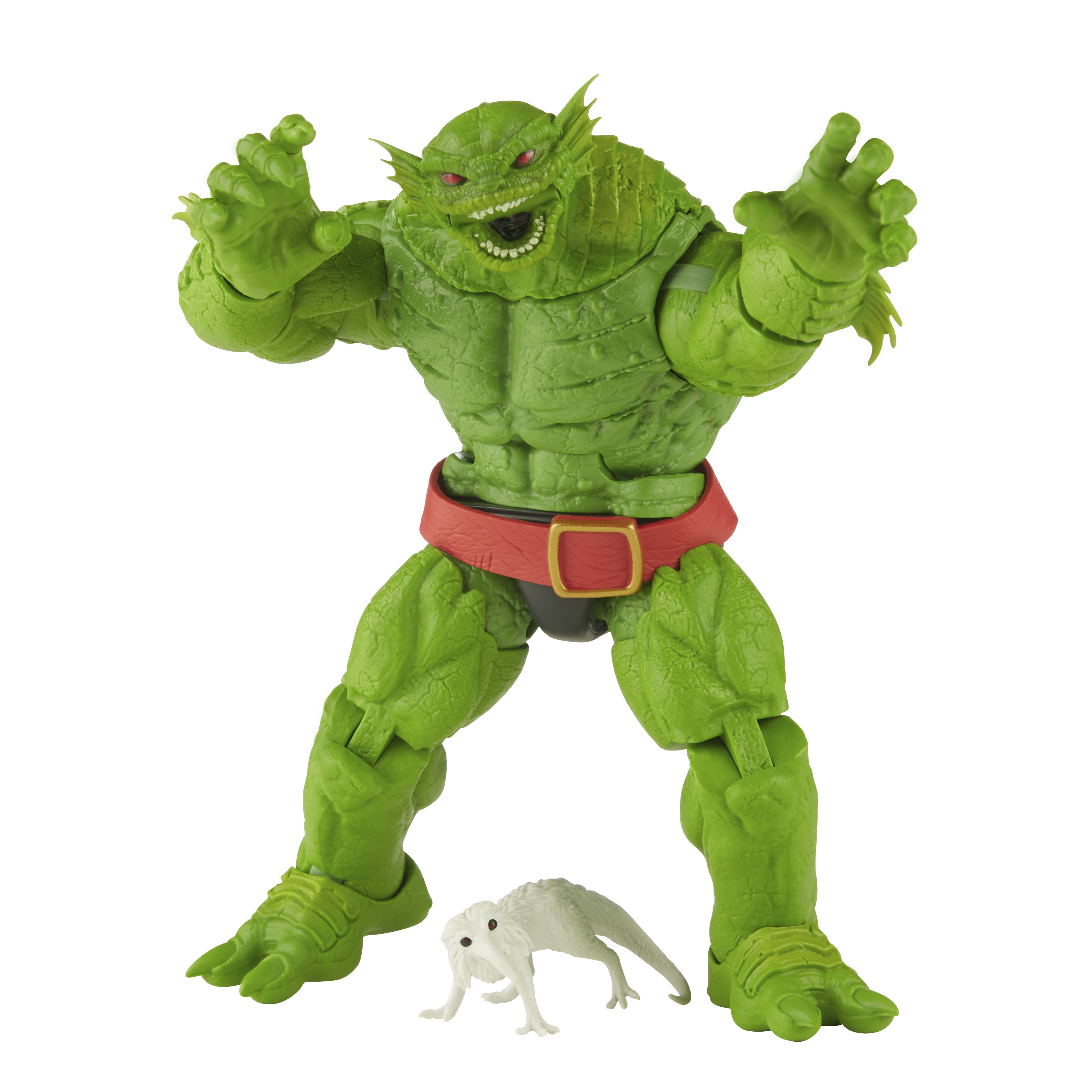 Zielona, umięśniona figurka potwora z czerwonym pasem i małą białą istotą.