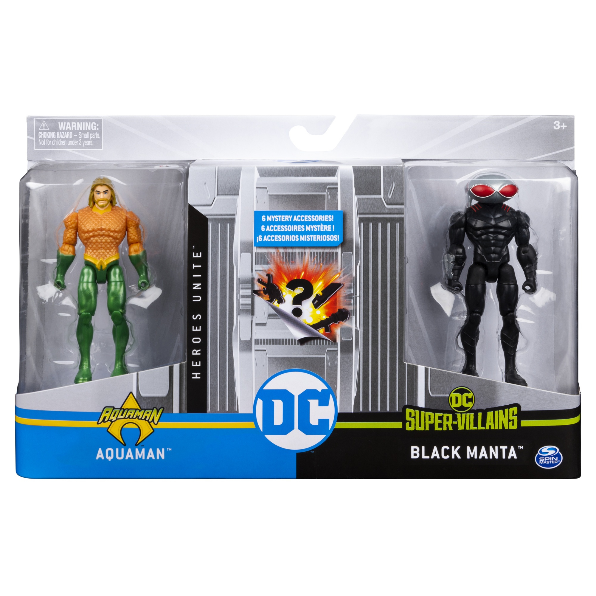 Due action figure nella confezione: Aquaman (arancione e verde) e Black Manta (nero). La confezione ha un logo DC.