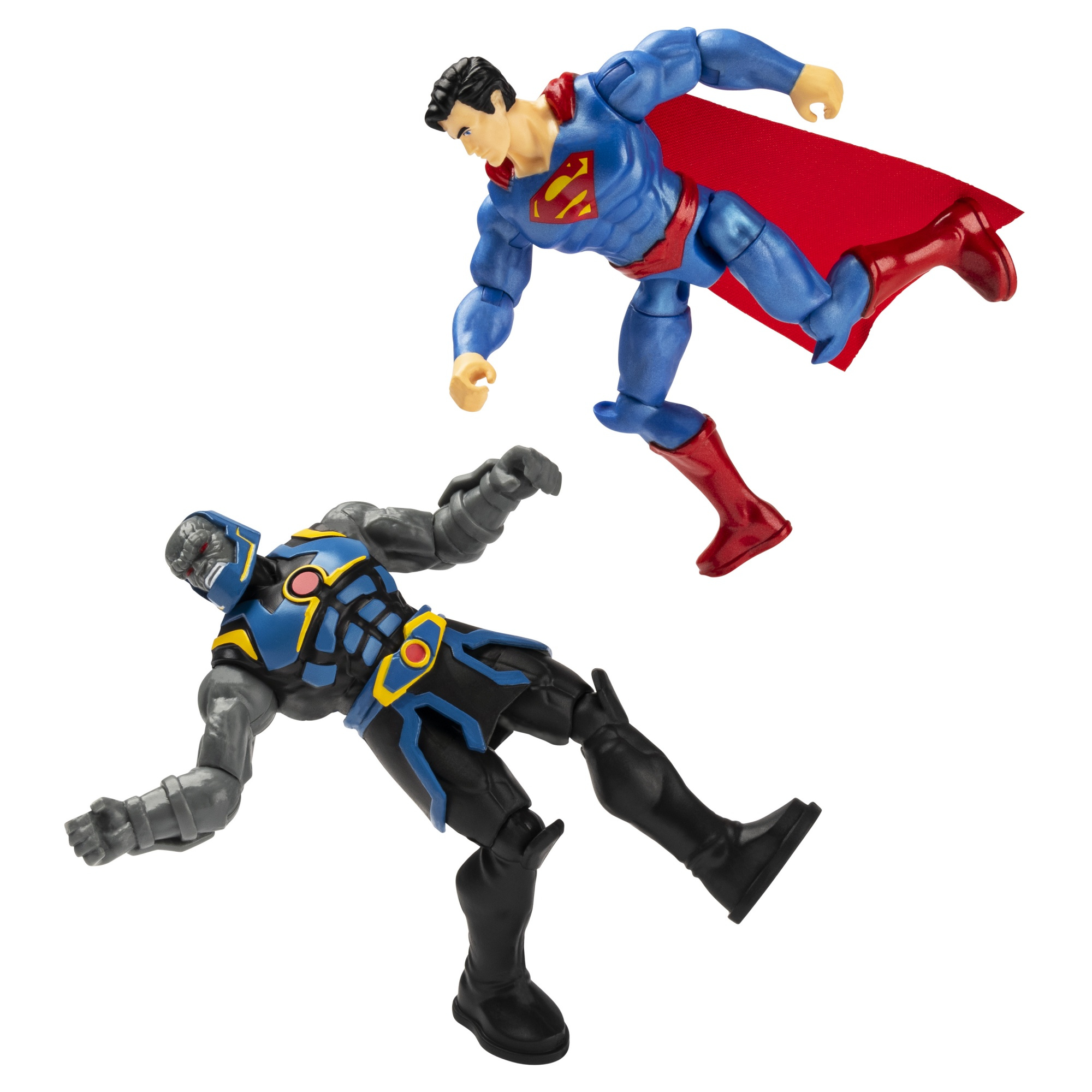 Action figure di Superman e Darkseid in pose dinamiche, su sfondo bianco.