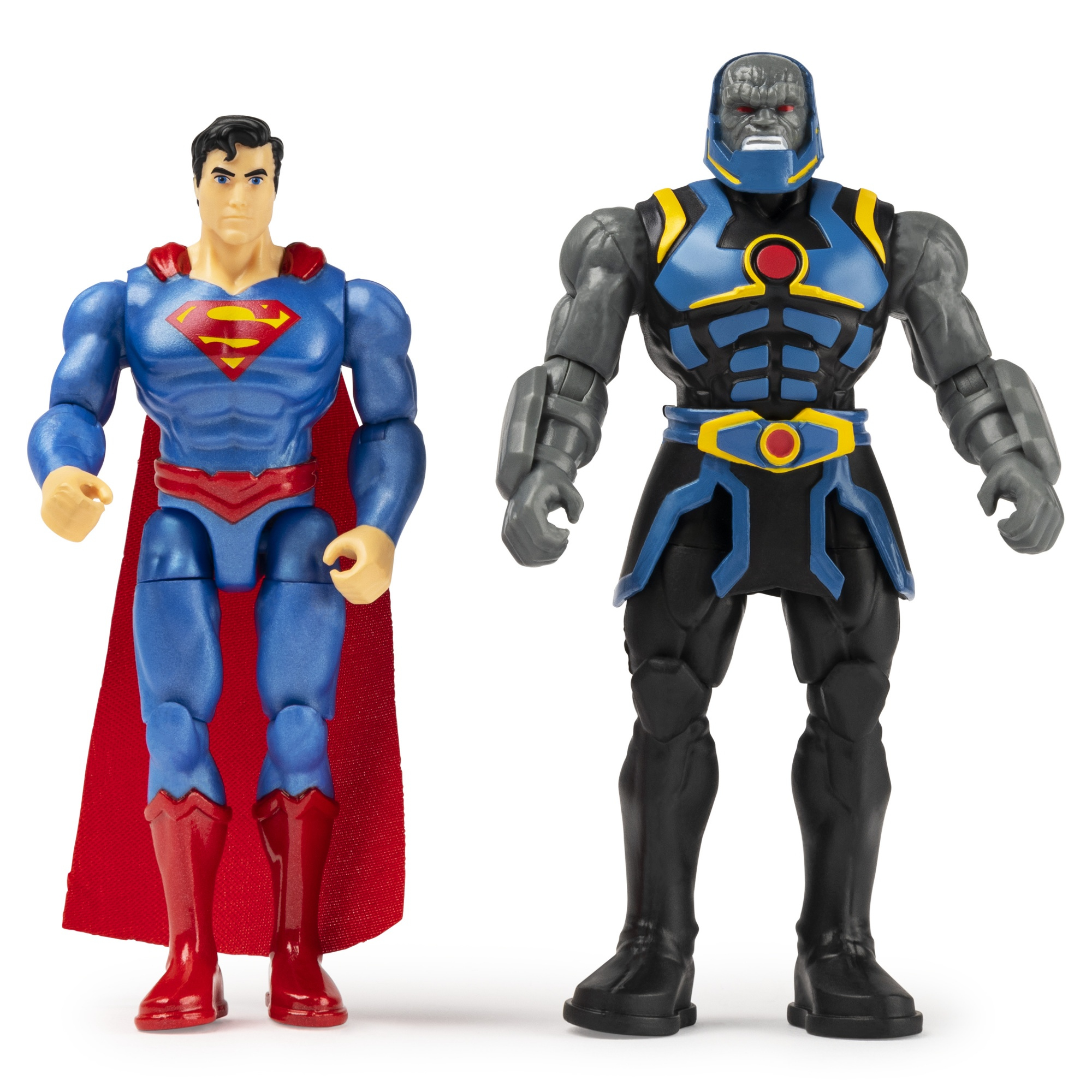 Action figure di Superman e Darkseid. Superman in blu, Darkseid in nero e blu.