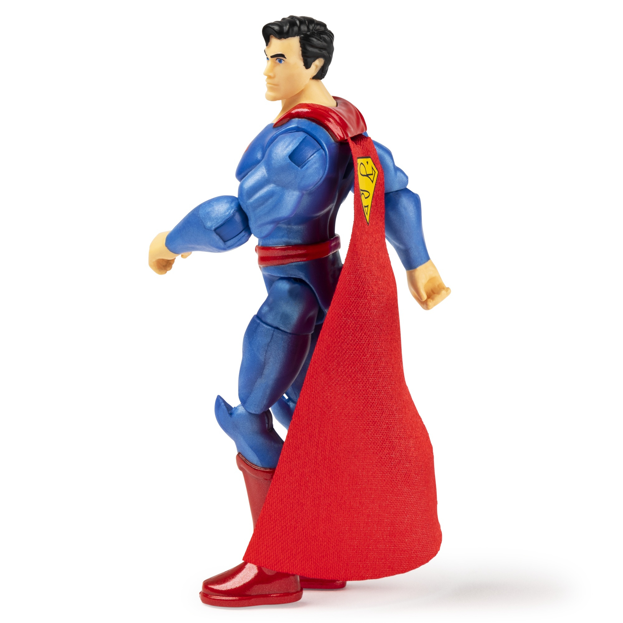 Action figure di Superman in costume blu e mantello rosso, di lato.
