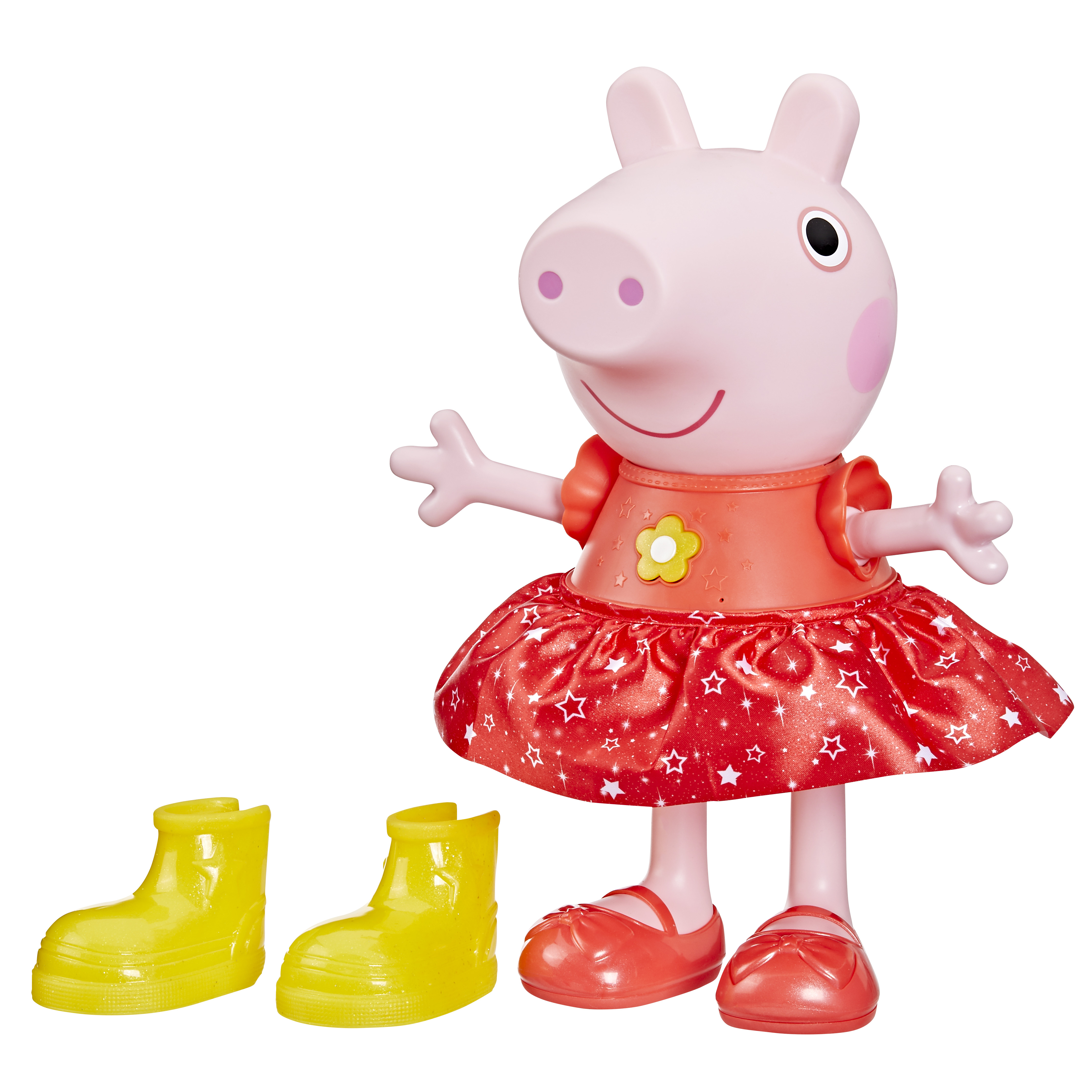 Juguete de Peppa Pig con un vestido y zapatos rojos, y botas de lluvia amarillas a su lado.