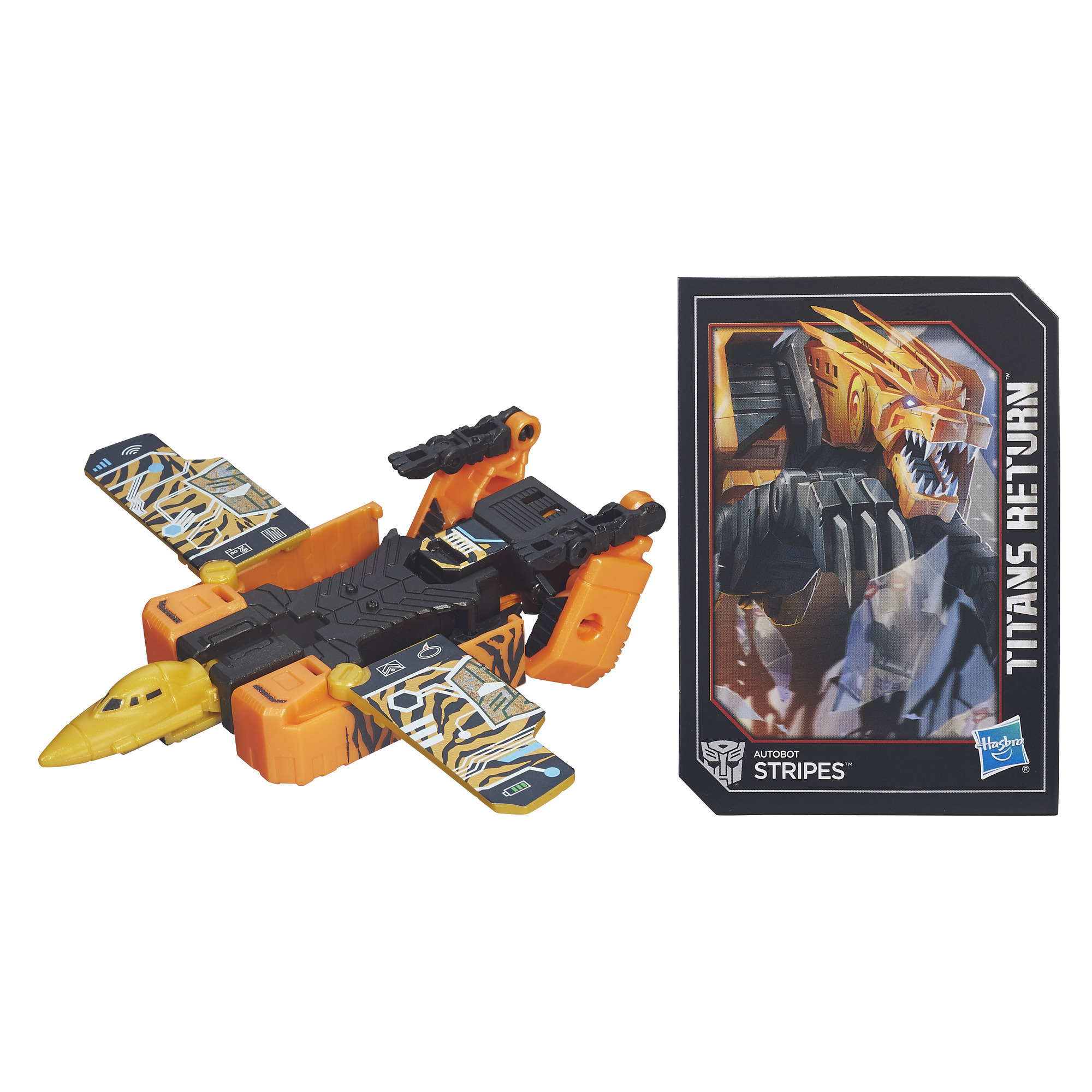 Zabawkowy odrzutowiec i karta z ilustracją potwora oraz słowami 'TITANS RETURN' i 'STRIPES'.